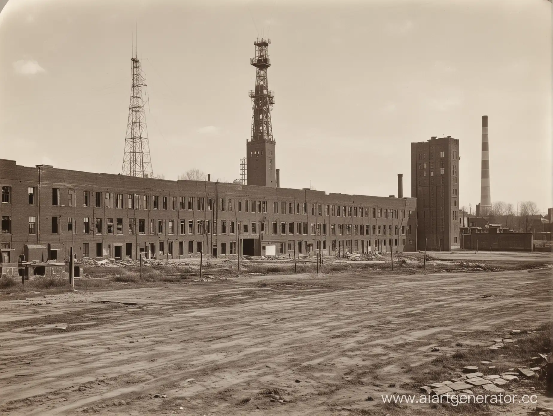 кирпичная фабрика. Архитектура 1920-х. Огромные окна. В центре квадратная башня с телефонной вышкой. По бокам от неё корпуса.