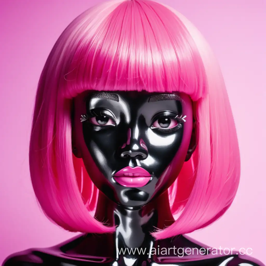 Обнаженная девушка с черной пластиковой кожей с розовой пластиковой прической с черным пластиковой лицом. Изображение сделать в милой стилистике