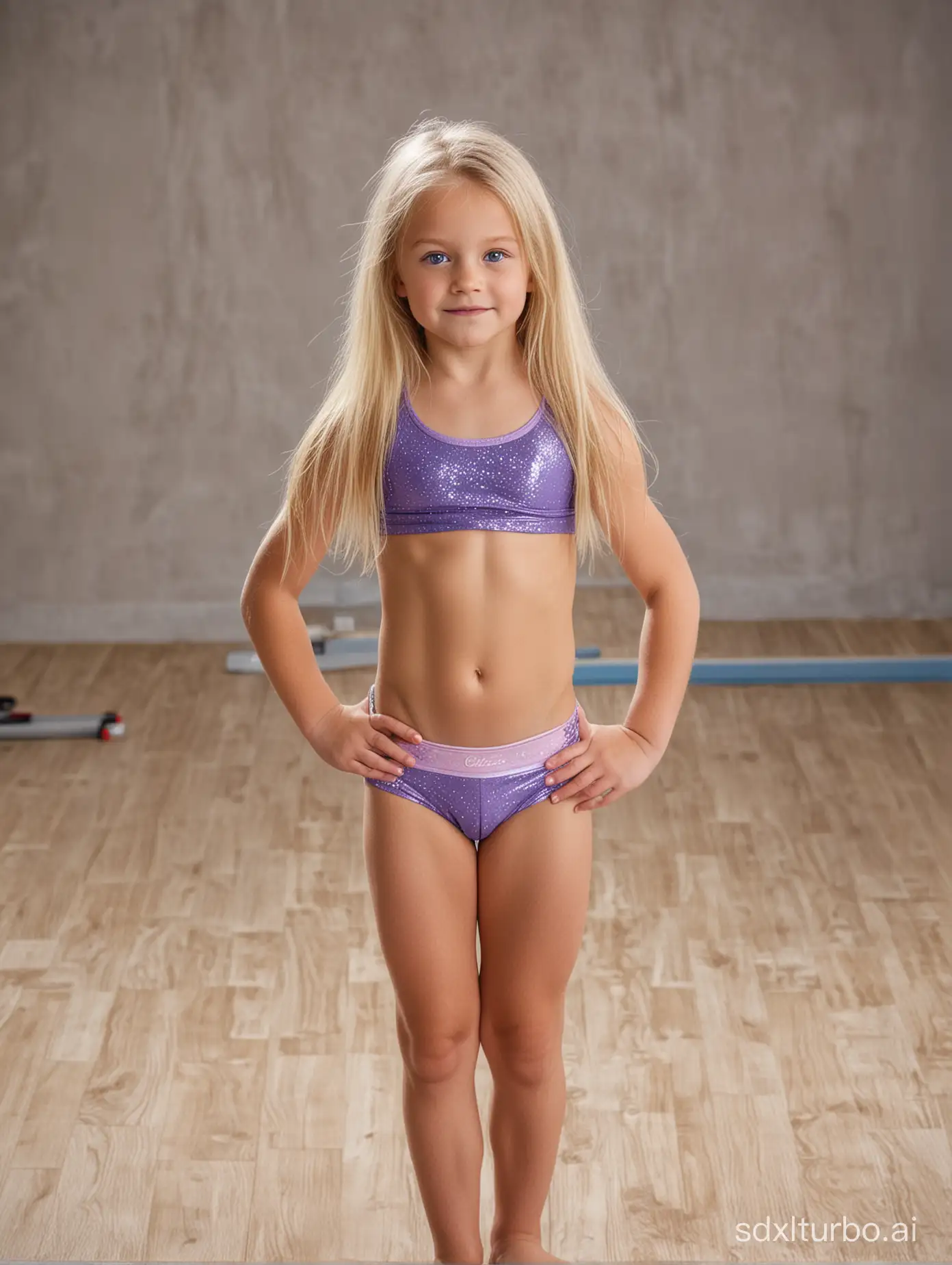 7years old girl, flat chested, very muscular abs, showing her belly, long blond hair, blue eyes, gymnastics on the beam