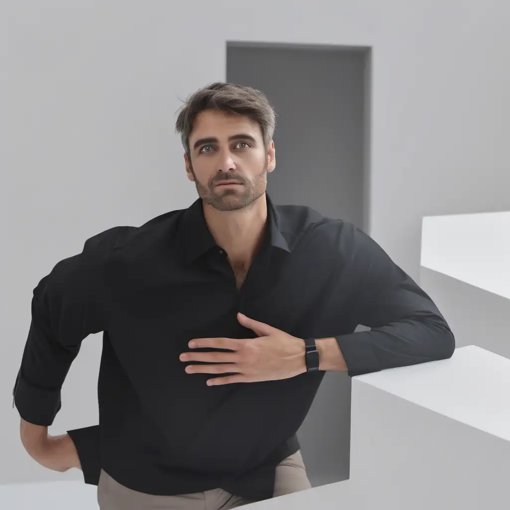 Stylish Man in Black Shirt on White Background 8K Portrait