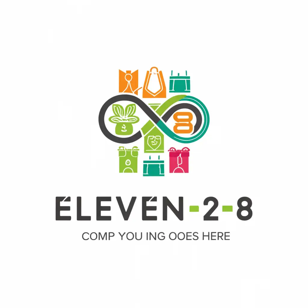 a logo design,with the text "Eleven28", main symbol:infinity symbol with feng shui money bag, full shopping cart with everything, feng shui money bag,complex,be used in Retail industry,clear background