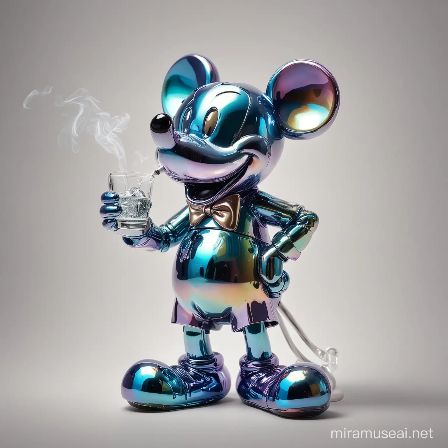 Produce a picture of a shiny strong iridescent Mickey mouse sculpture smoking an drinking gin
