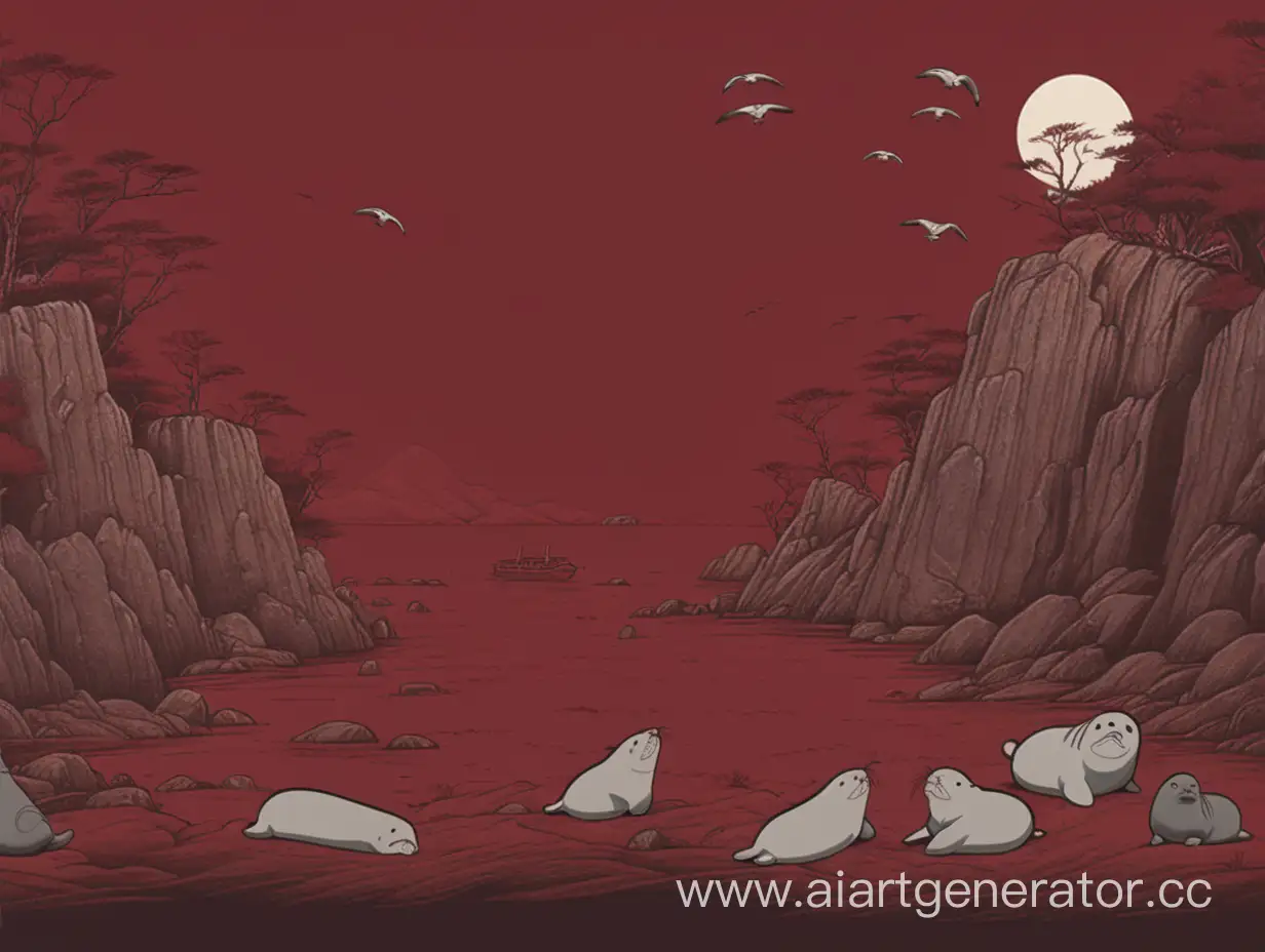  art in style of hayao miyadzaki, dark red terrible background with poor dying seals beacuse of bad ecology