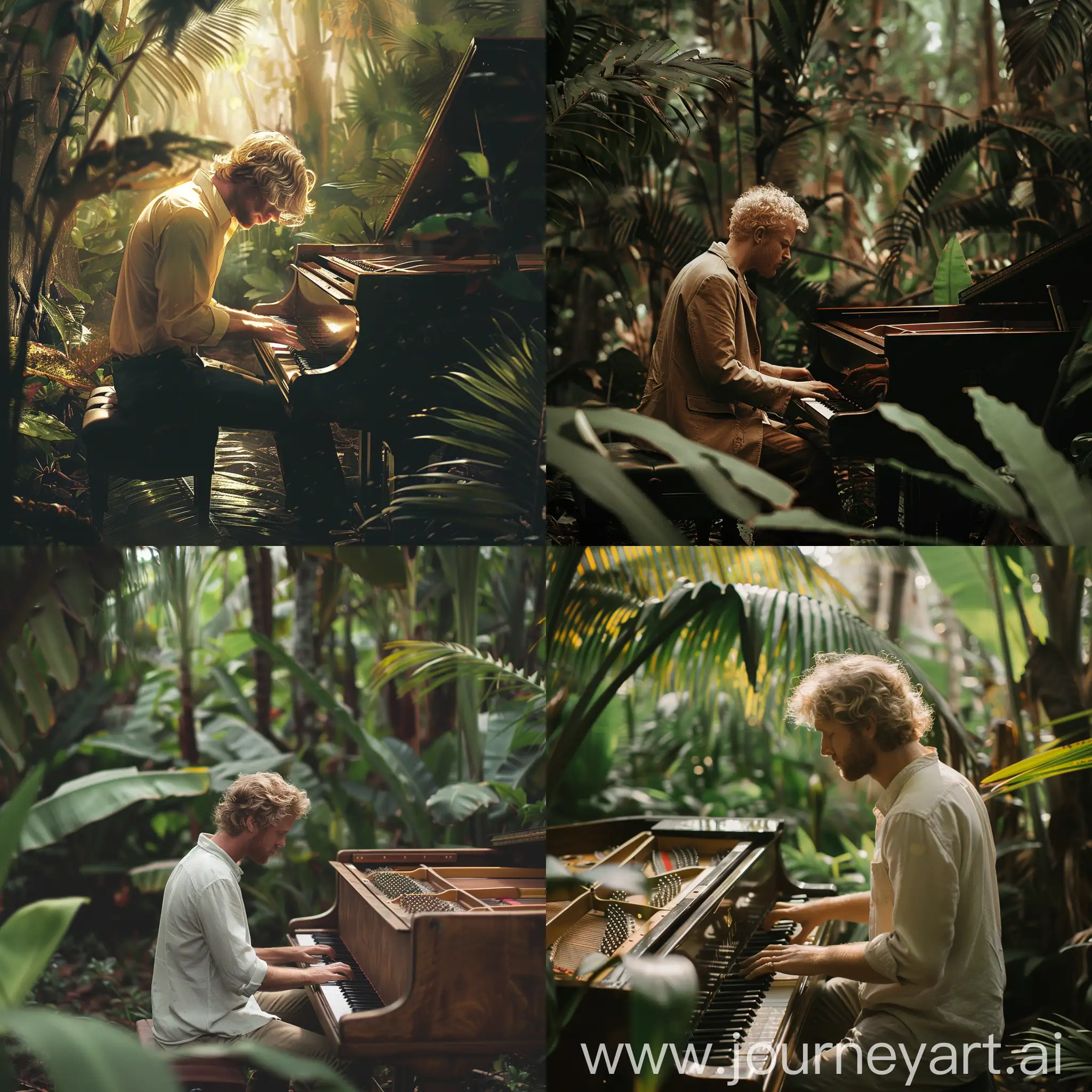 BlondHaired-Pianist-Performing-in-Lush-Jungle-Setting