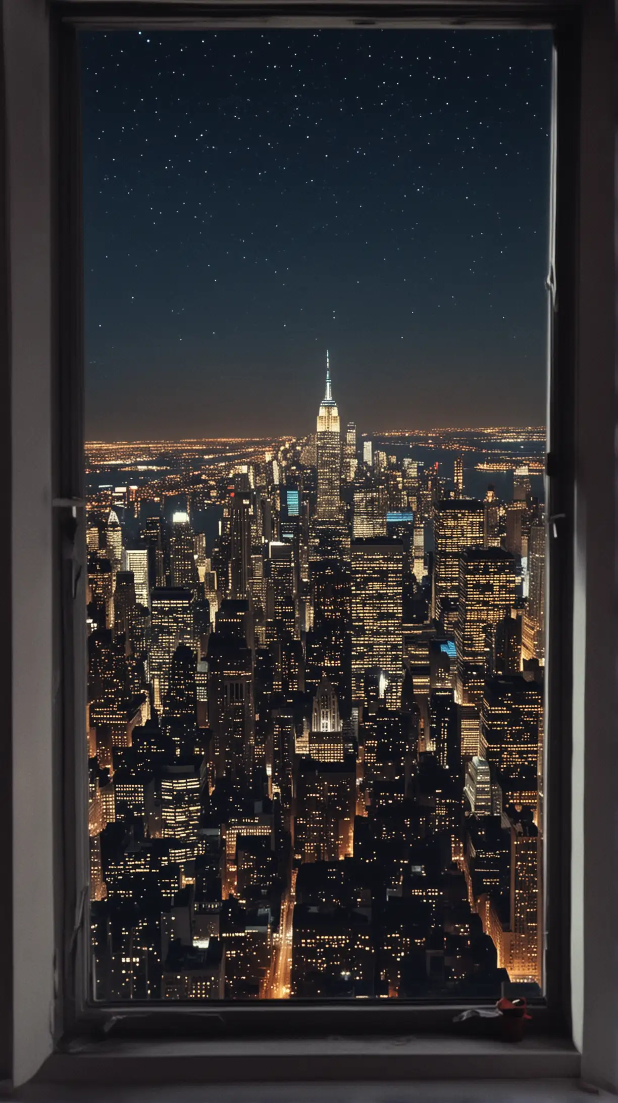 night view of the skyline city New York from a window 1980s stars in the sky
