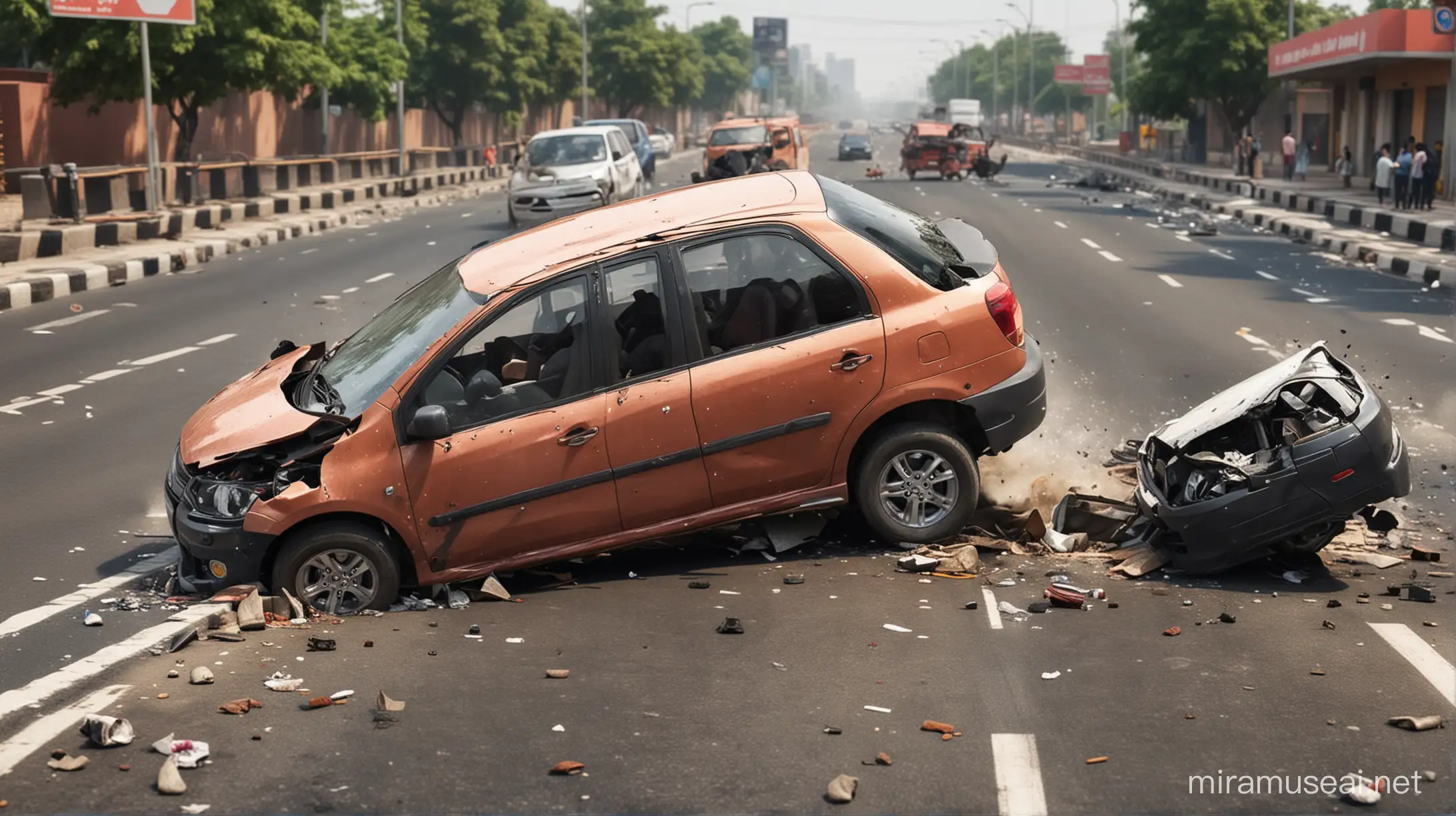 Create a realistic depiction of a car accident scene in India: A car has overturned after hitting a divider on a busy road. The scene should show the car's damaged exterior, Include surrounding elements like traffic, bystanders, and emergency services arriving at the scene.
