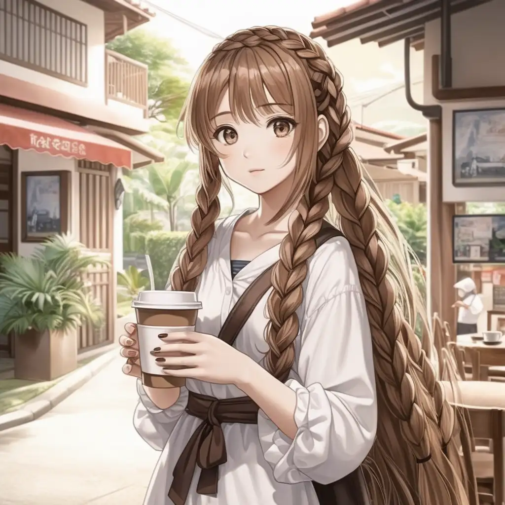 anime girl with a coffee in her hand and long brown breaded hair, standing in philipines
