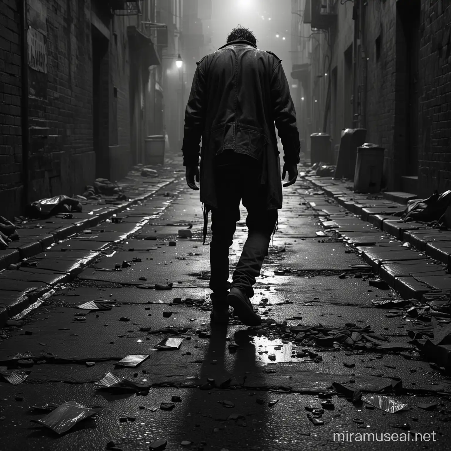 a haggard man with tattered clothes stumbling in dark alley with broken road, nails and broken glass on the road, no light, dark, cinematic, 4K, hyperrealistic, photo from the back, extremely dark, red and sephia ambiance
