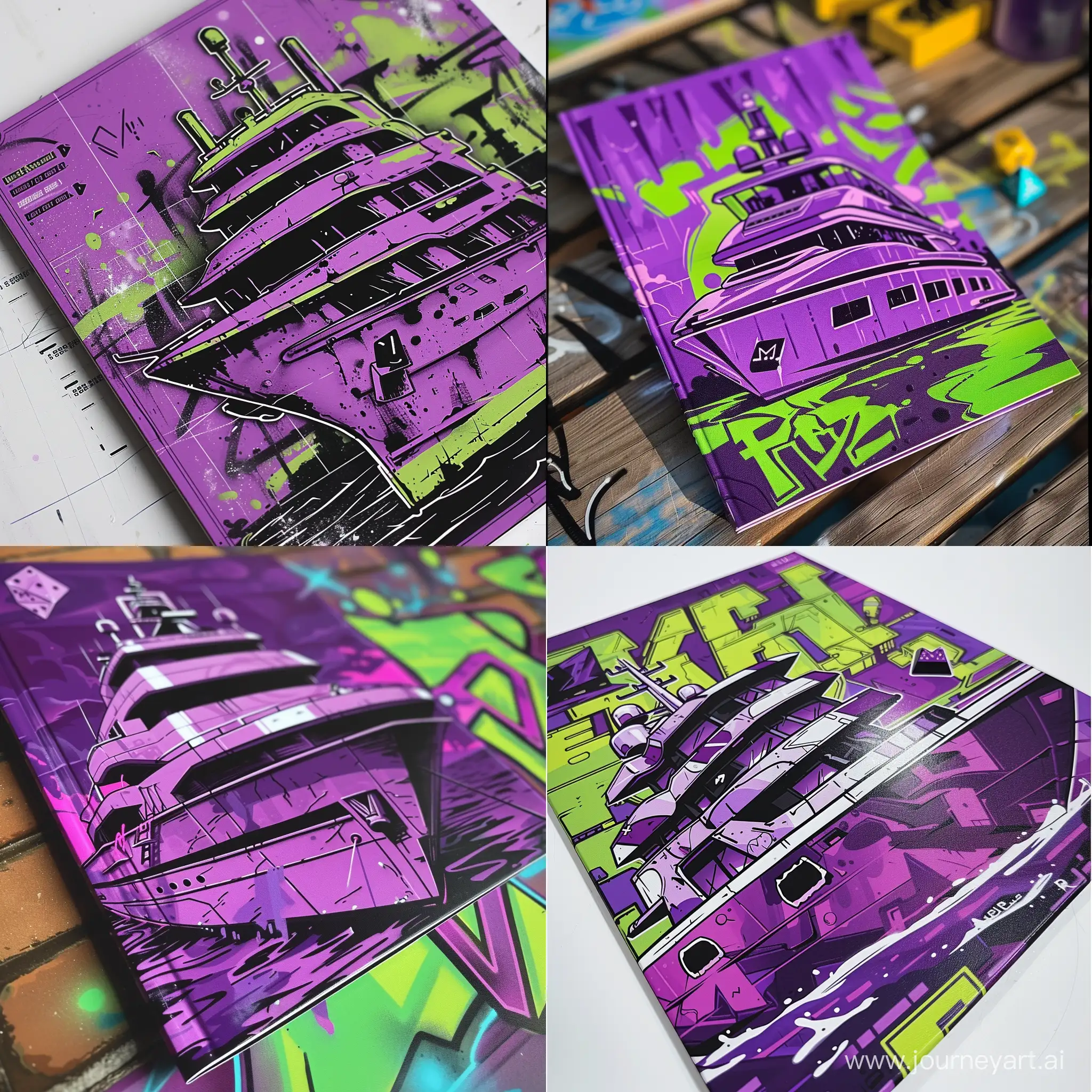 придумай дизайн буклета правил к настольной игре в кости с изображениями яхты в фиолетовых и кислотно зеленом цвете в стиле граффити