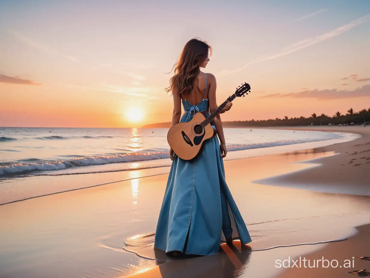 A girl standing backside on beautiful sunset on beach ,  a guitar in hand and wearing a beautiful jeans dress