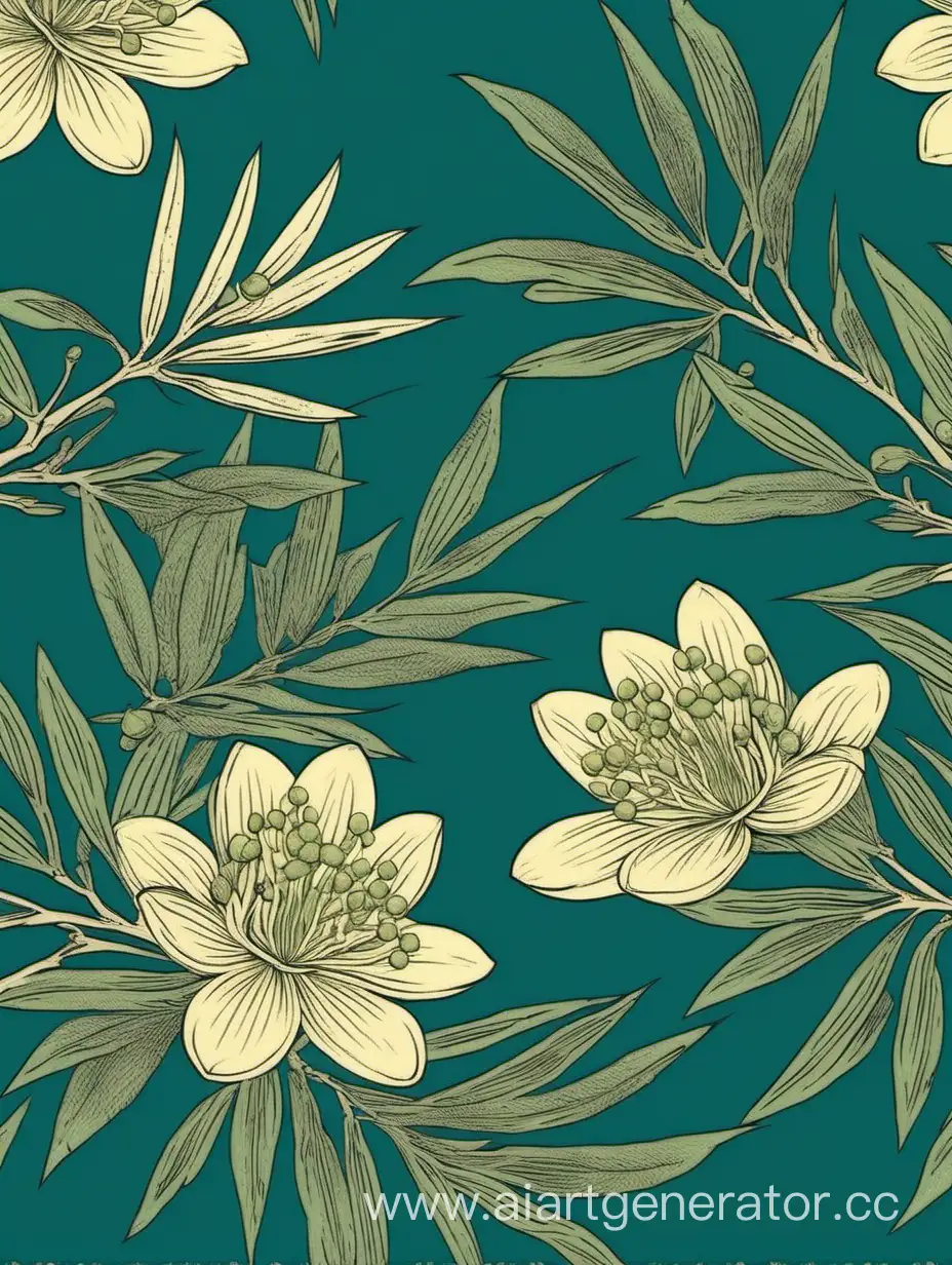 Ukiyoe-Style-Olive-Botanical-Seamless-Pattern-on-Dark-Turquoise-Background