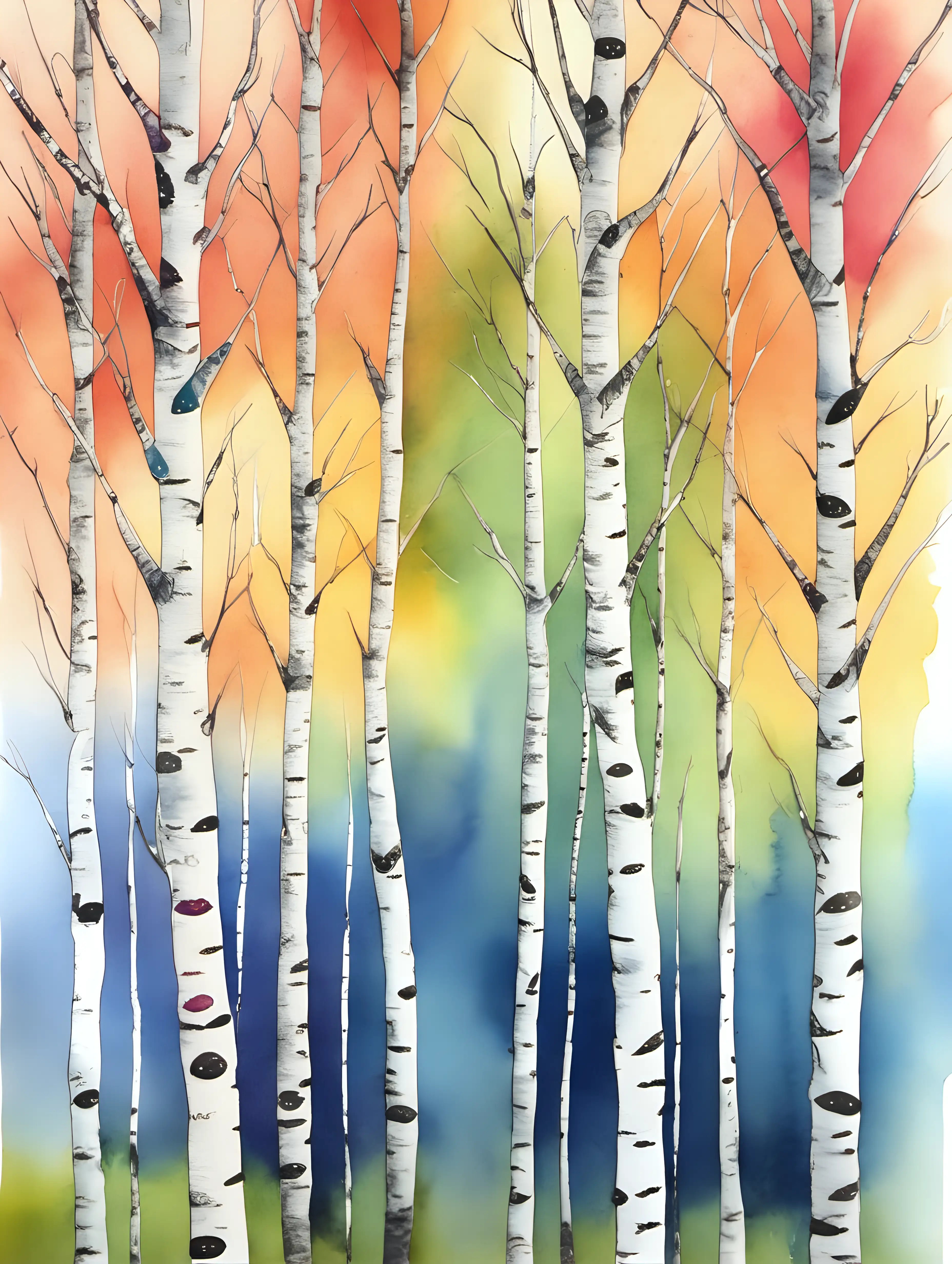 Vibrant Watercolor Birch Trees Painting Serene Nature Artwork