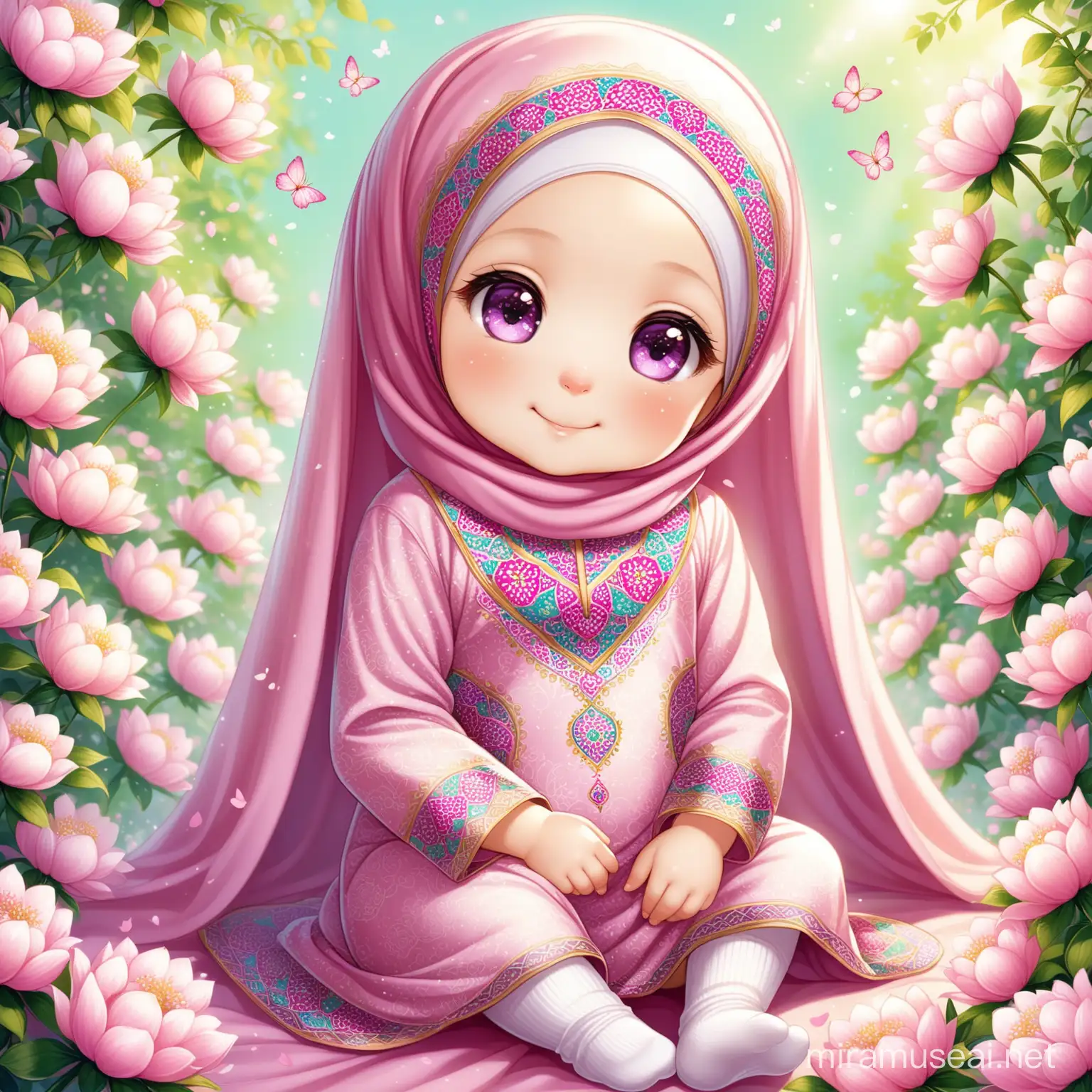 Persian little girl(full height, Muslim, with emphasis no hair out of veil(Hijab), white skin, cute, smiling, baby face, bigger nose, smaller eyes, wearing socks, clothes full of Persian designs).
Atmosphere full of many pink flowers, spring.
