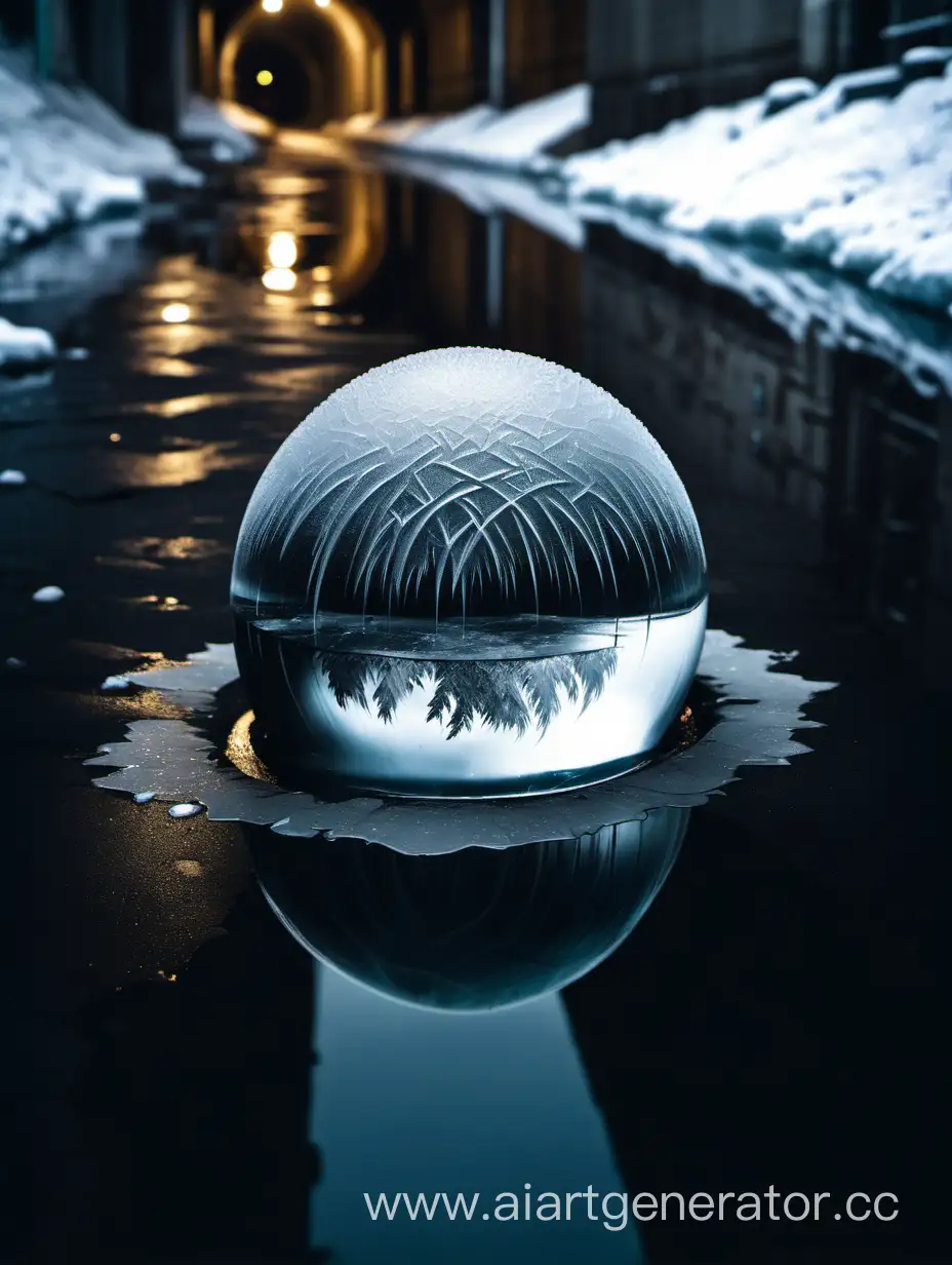 Ледяная сфера плывущая по воде в подземной канализации