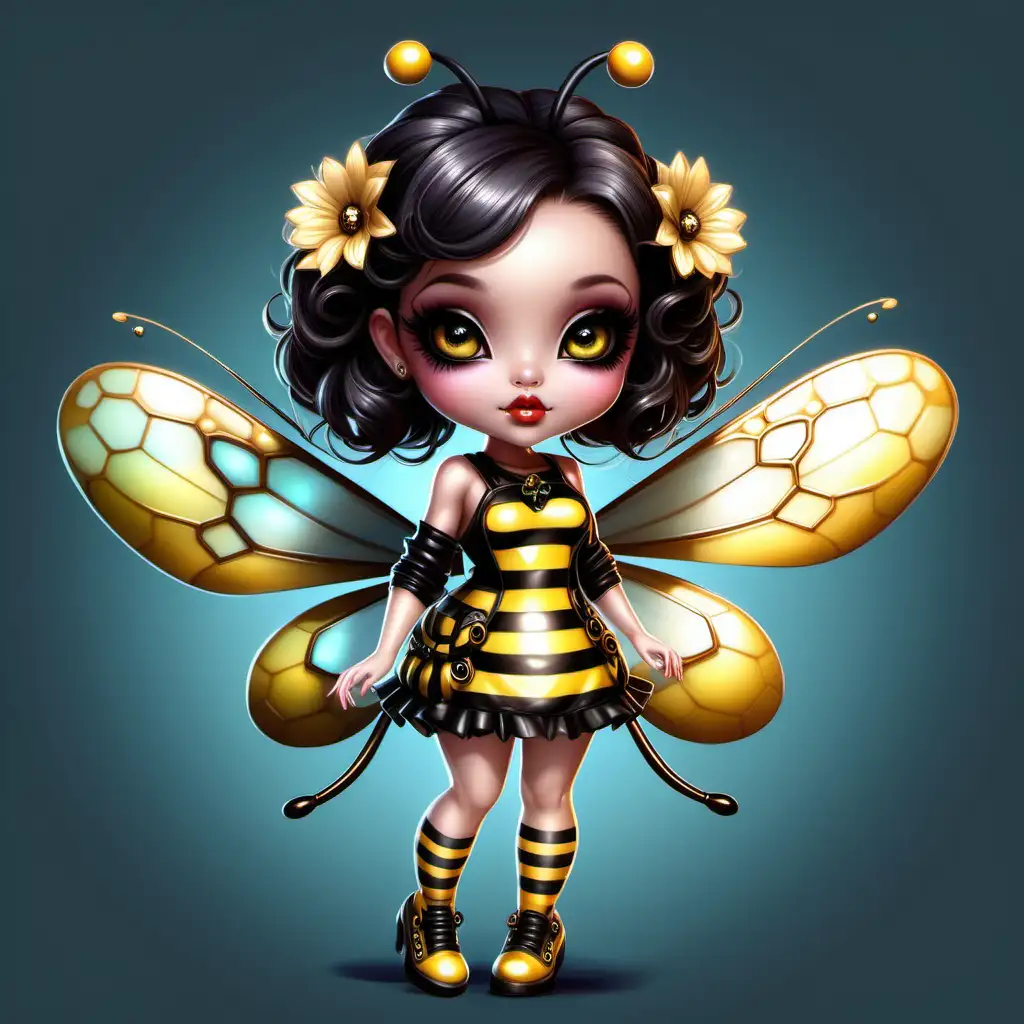 a beautiful very trendy style bee kawaii chibi. In a glamorous outfit with antennas,. Beautiful details factions. Lip gloss. Big eyes. Trendy shoes. High quality. HD. no background. Thomas Kinkade style, Nadja Baxter Anne Stokes Nancy Noel --ar 4:5 --niji 5