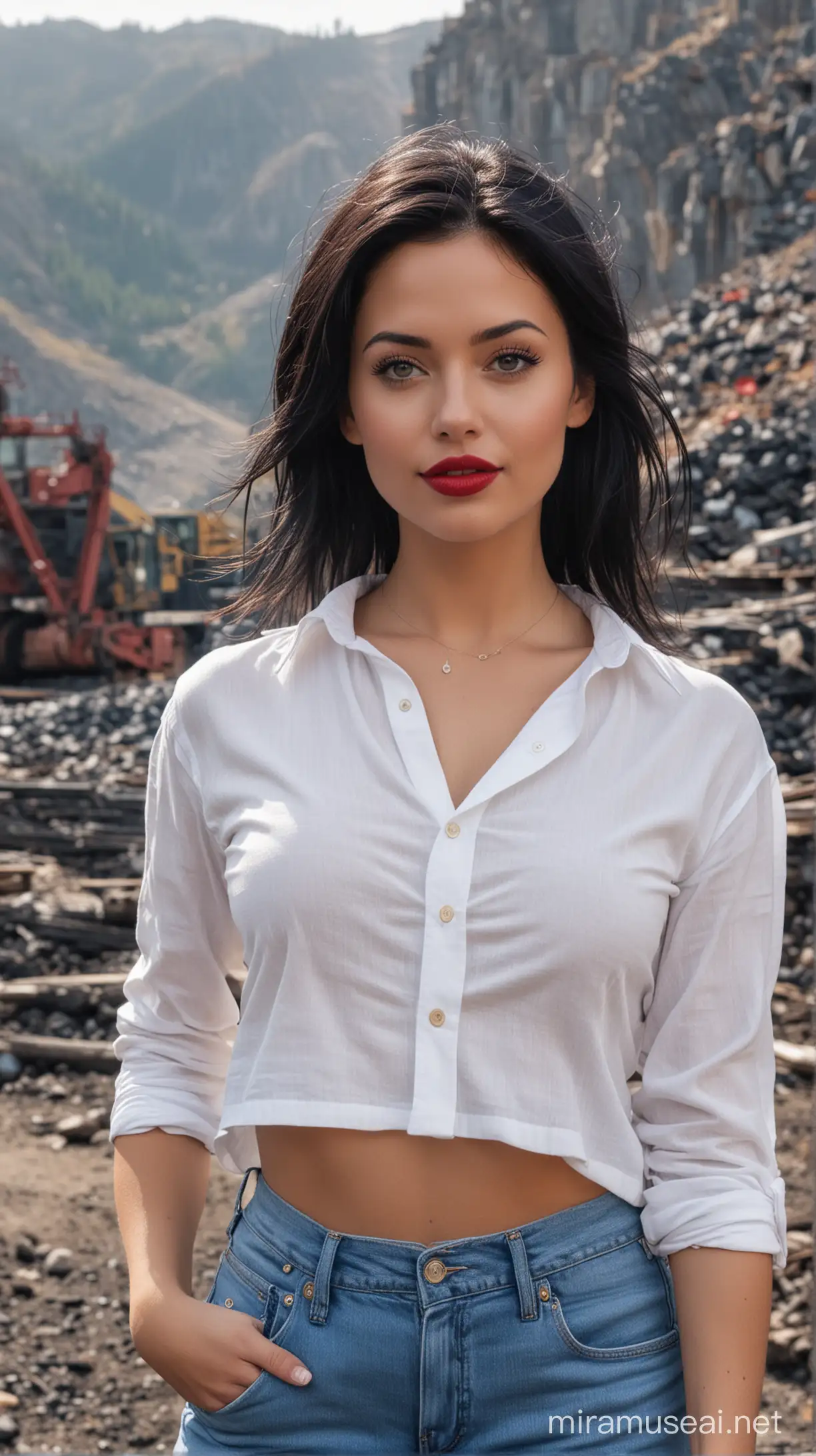 4k Ai art front view beautiful USA girl black hair red lipstick nose ring ear tops light blue jeans and white shirt and black bra in Alaska Crow Creek Mine