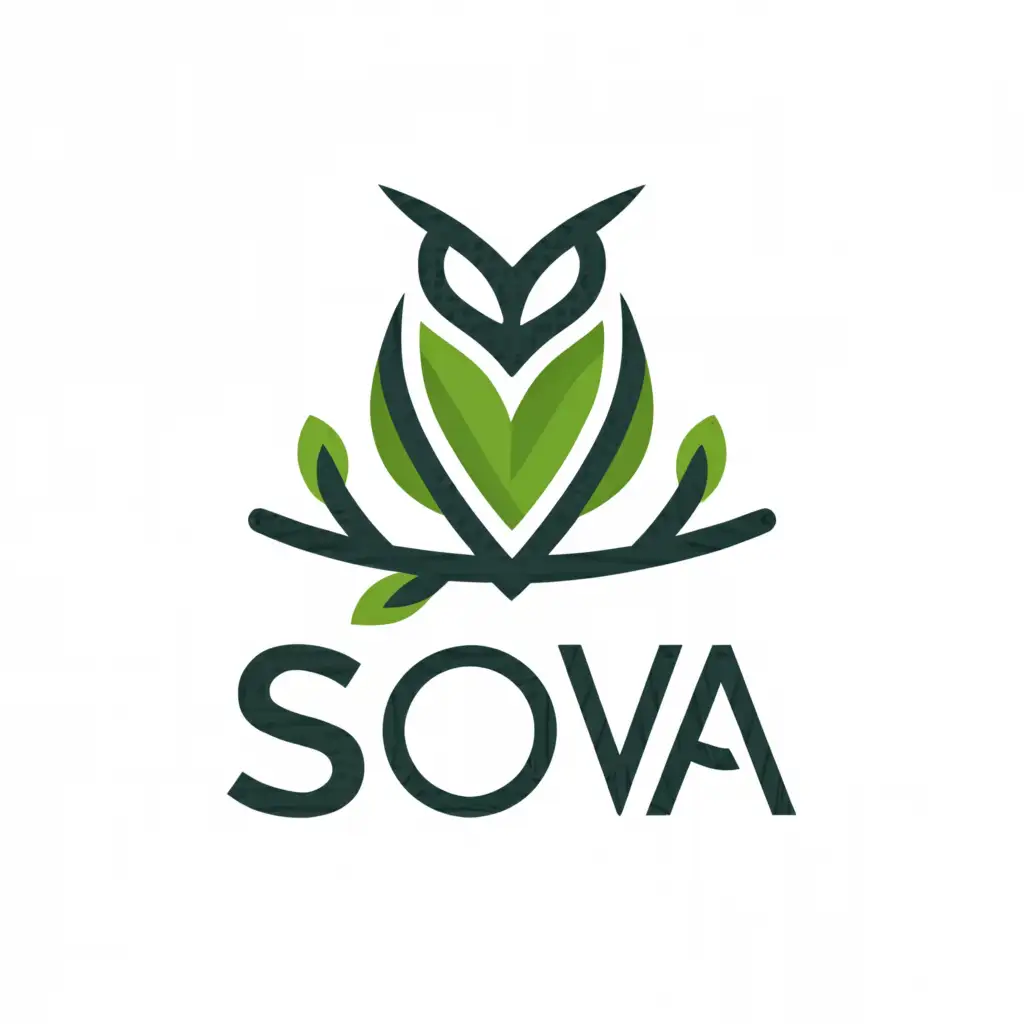 a logo design,with the text "Sova", main symbol:The owl gardener landscape,Moderate,clear background