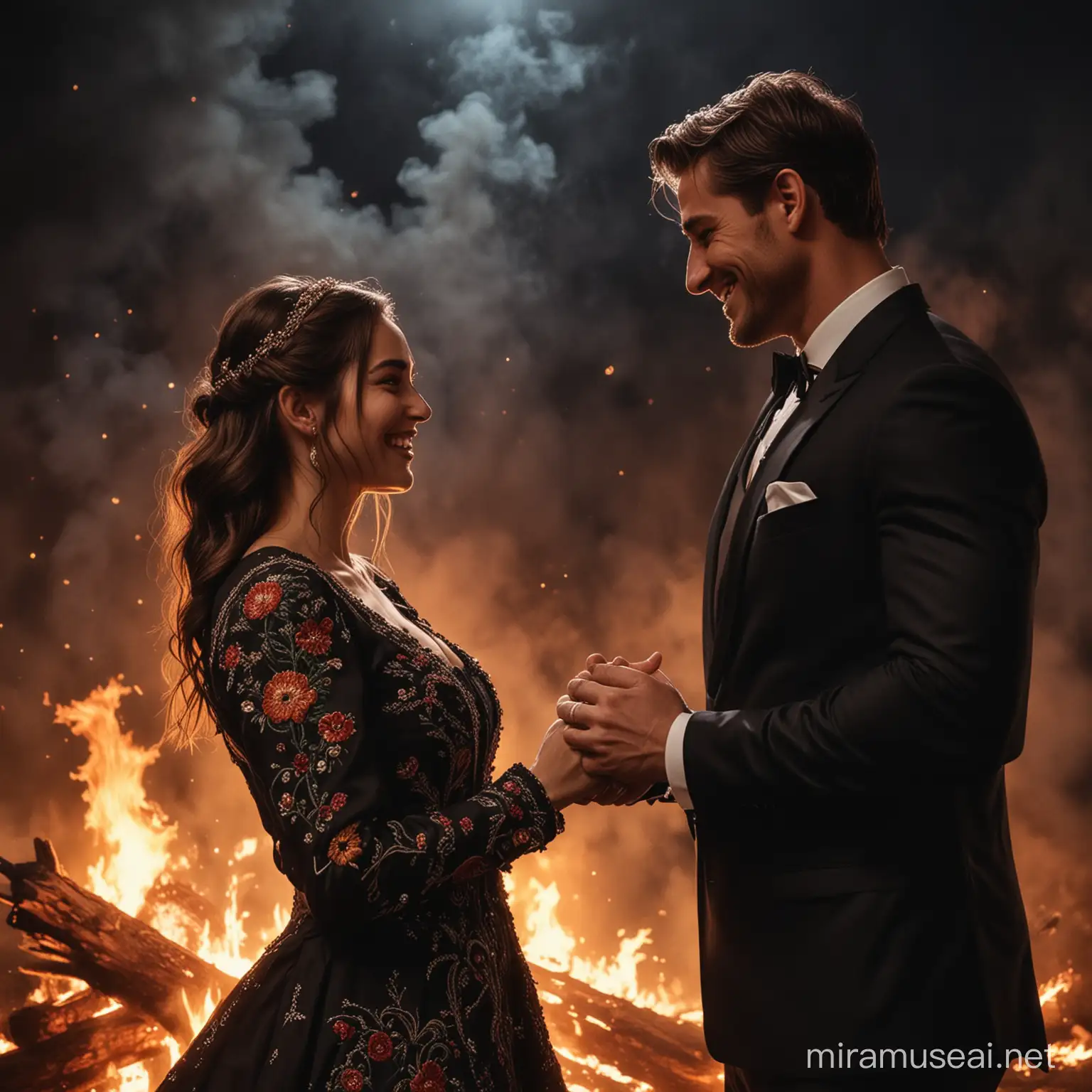 Dark night, big fire on the background. Man and woman look at each other. The man holds her hand and smiles. It's their first meeting. She doesn't smile. Man wears dark suit with embroidery. It's look like magical dreams