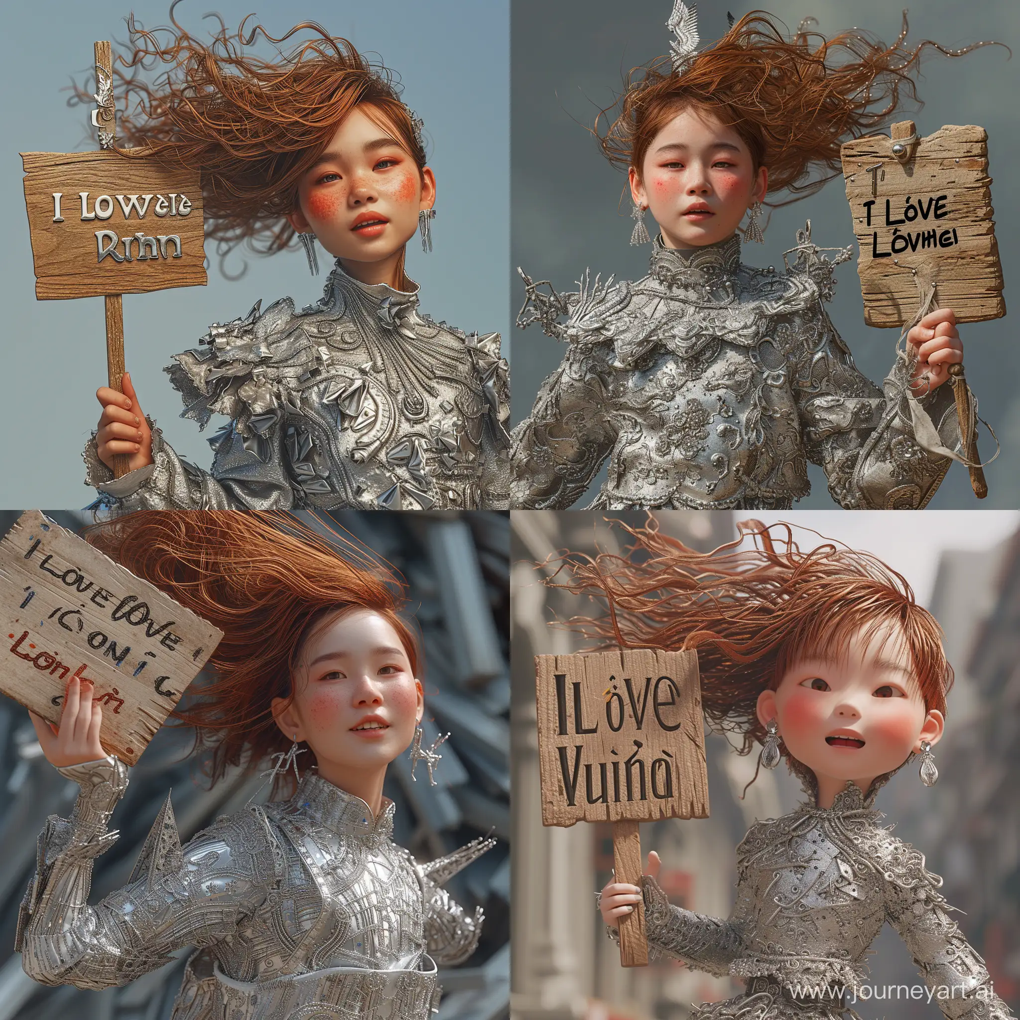 create for me a portrait image of a 19 year old Asian girl, rosy cheeks, reddish brown hair flying randomly, silver earrings, she wears a silver metal outfit, meticulously detailed like like embroidery, the hand holds a wooden sign displaying the words: "I love Vietnam".