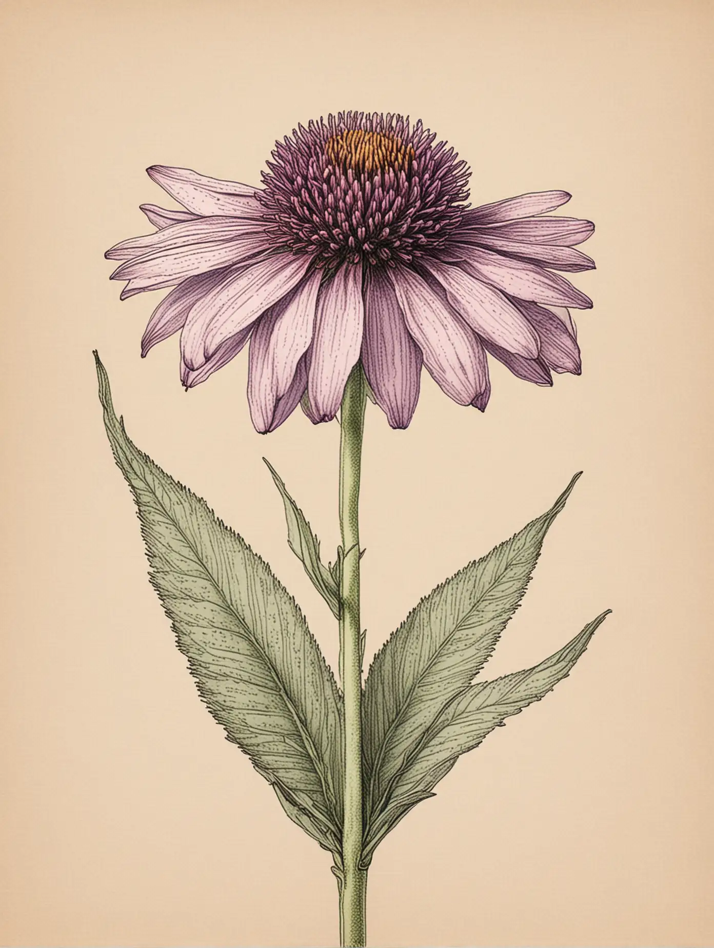 simple color line drawing of a single purple cone flower in the style of Audubon