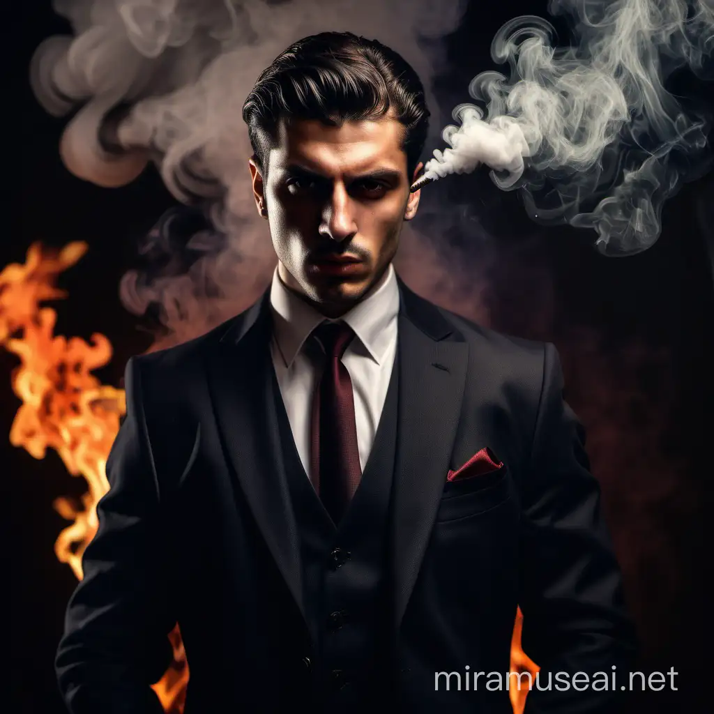 Vicious Hearts. A handsome young Italian mafia boss in a suit, fire and smoke behind him