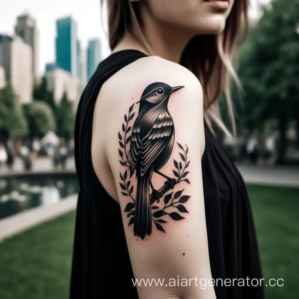 Черного цвета татуировка маленькой птицы у девушки, которая, стоит на фоне городского парка в красивом платье.