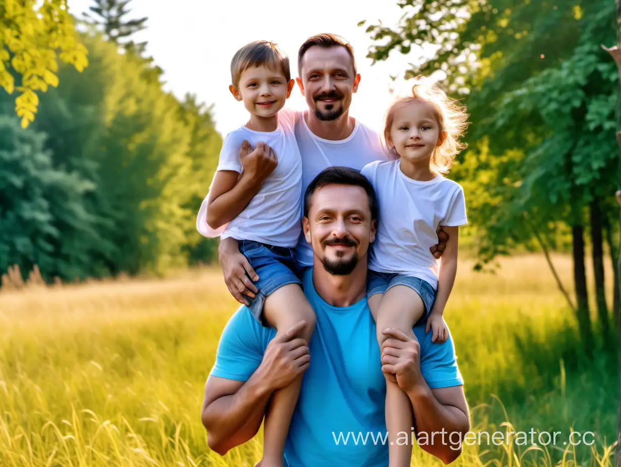 Happy strong beautiful
a young father, 30 years old, holds his 10-year-old daughter and 5-year-old son in his arms against the backdrop of bright nature, sky, grass, trees on the sides
