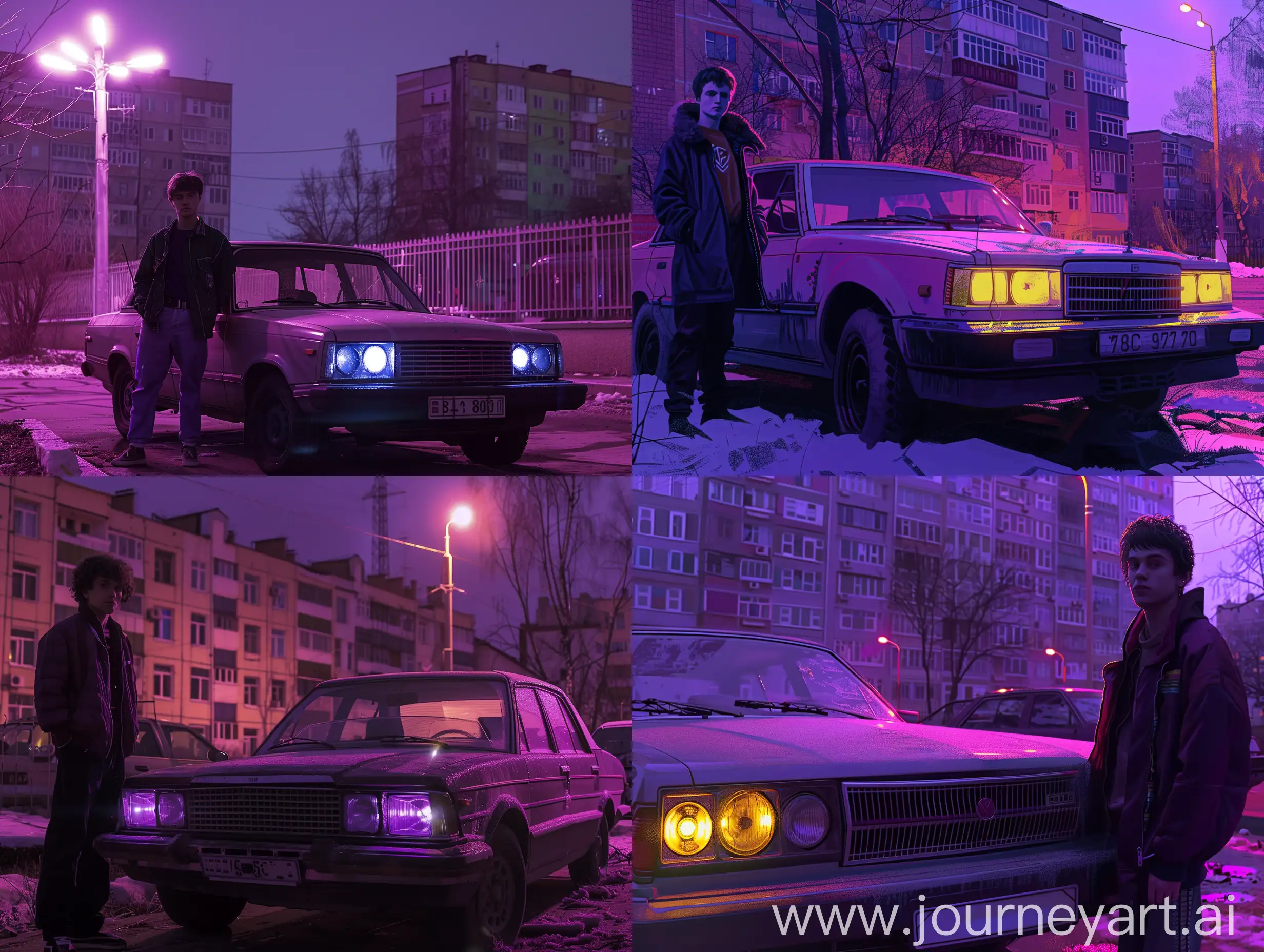 Style: Close photo. Realistic art;
Scene: Spring purple night in post-soviet city residental area;
Image: young gay stands near his 80's soviet sedan with plastic grille. Sedan has turned on headlights