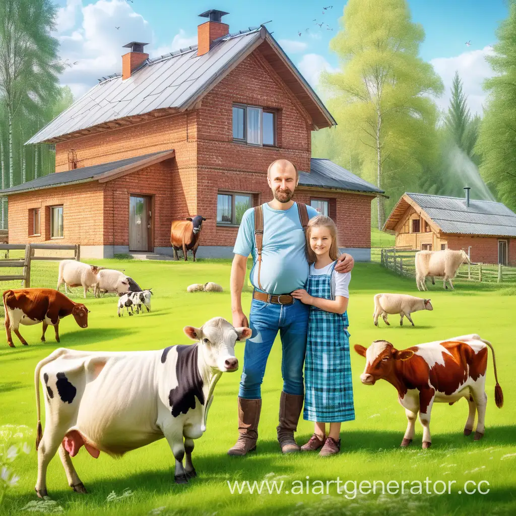 счастливая российская семейная пара мужчина и женщина 35 лет с одним ребенком 10 лет на новой мини-ферме. мини ферма кирпичный дом. рядом с лесом на лужайке пасутся корова, коза, баран. недалеко родник с ключевой водой