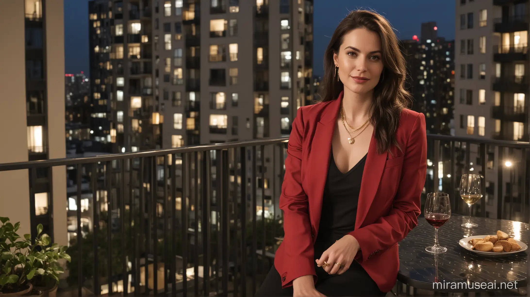 30 year old white woman sitting on patio table with a glass of wine on a balcony, darkly light modern high rise apartment background in the evening. She has long dark brown hair, pale skin, wearing a red blazer, gold necklace with very low cut black shirt and black pants.