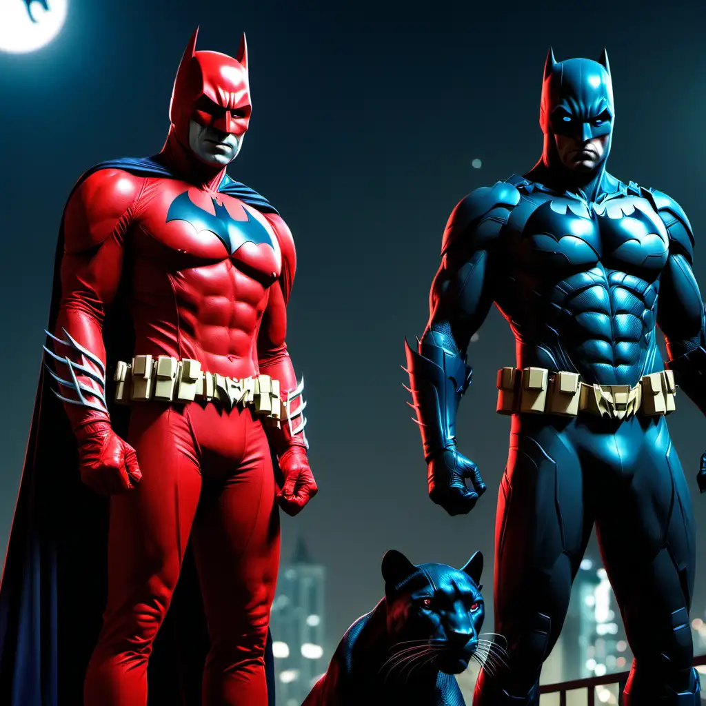 Batman with a red suit next to a panther