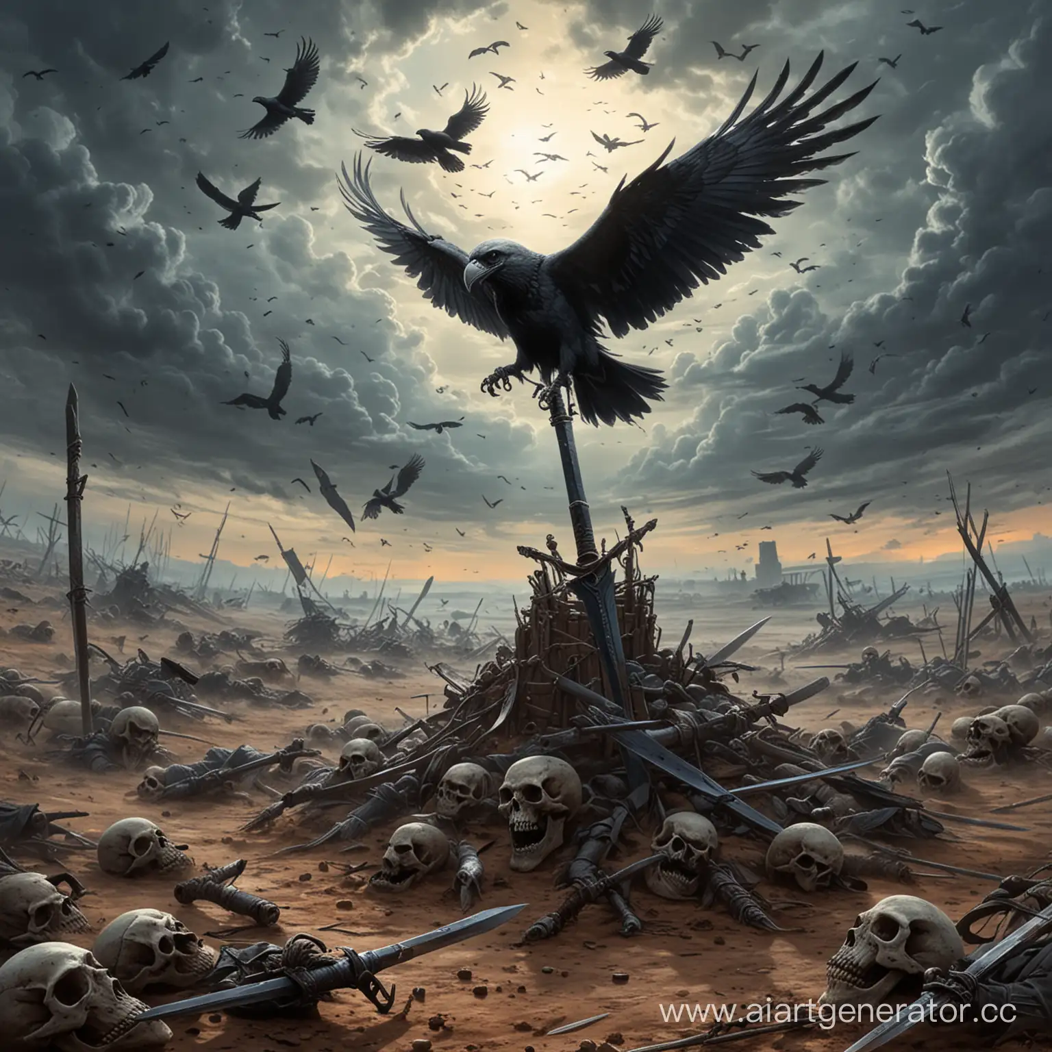 Crows over the battlefield, skull, sword,