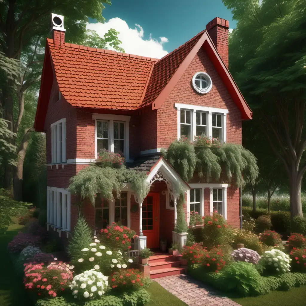 Old red brick house, cute, with many windows and with a gable roof and a tiny round window in attic, there are a lot of threes and flowers in the garden, beautiful cottage, small cottage, tiny old house, with a porch