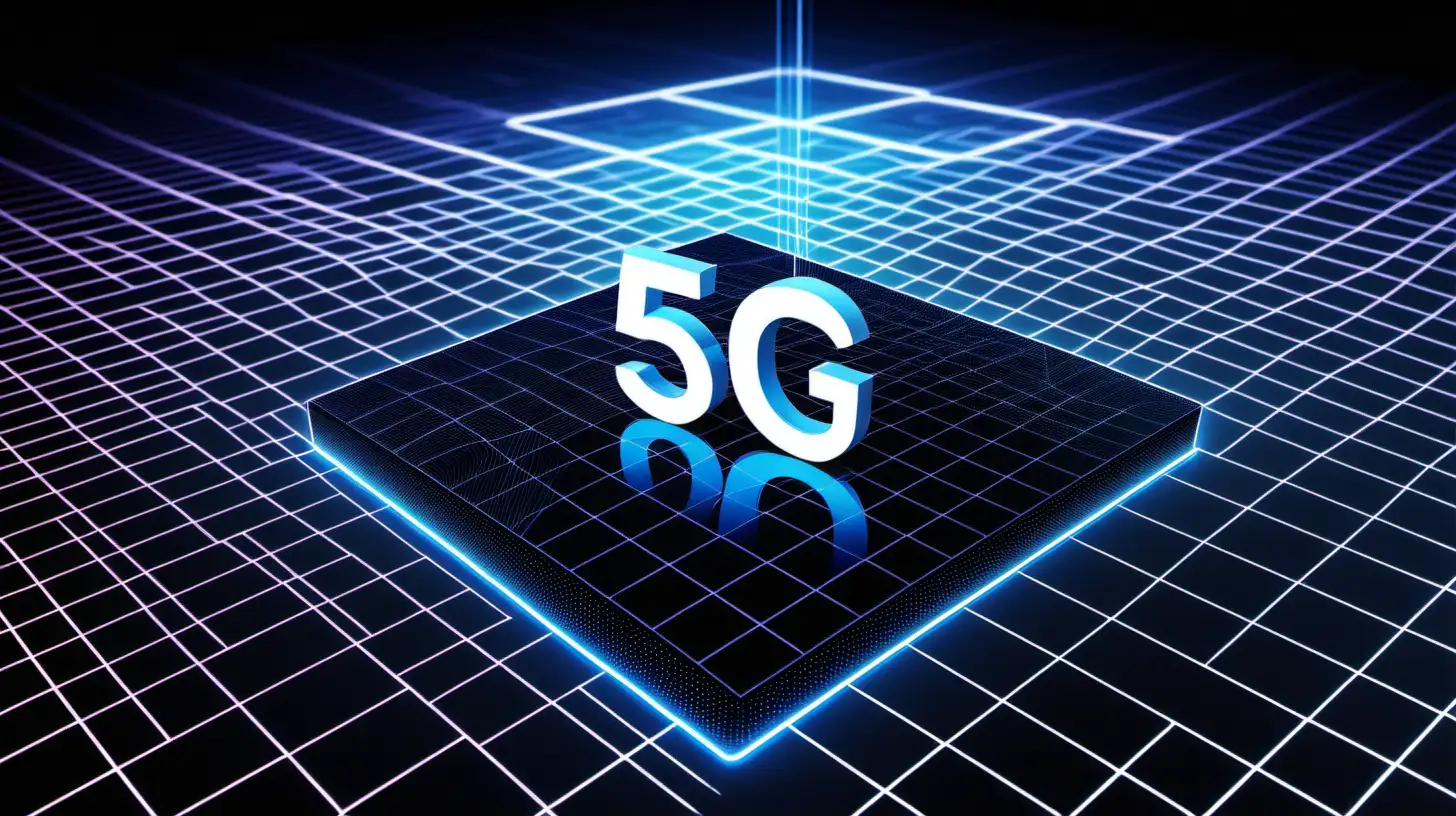 A sleek and modern representation of 5G, with the iconic "5G" symbol centered in the image against a backdrop of illuminated futuristic lines and a grid pattern reminiscent of high-speed data transfer.