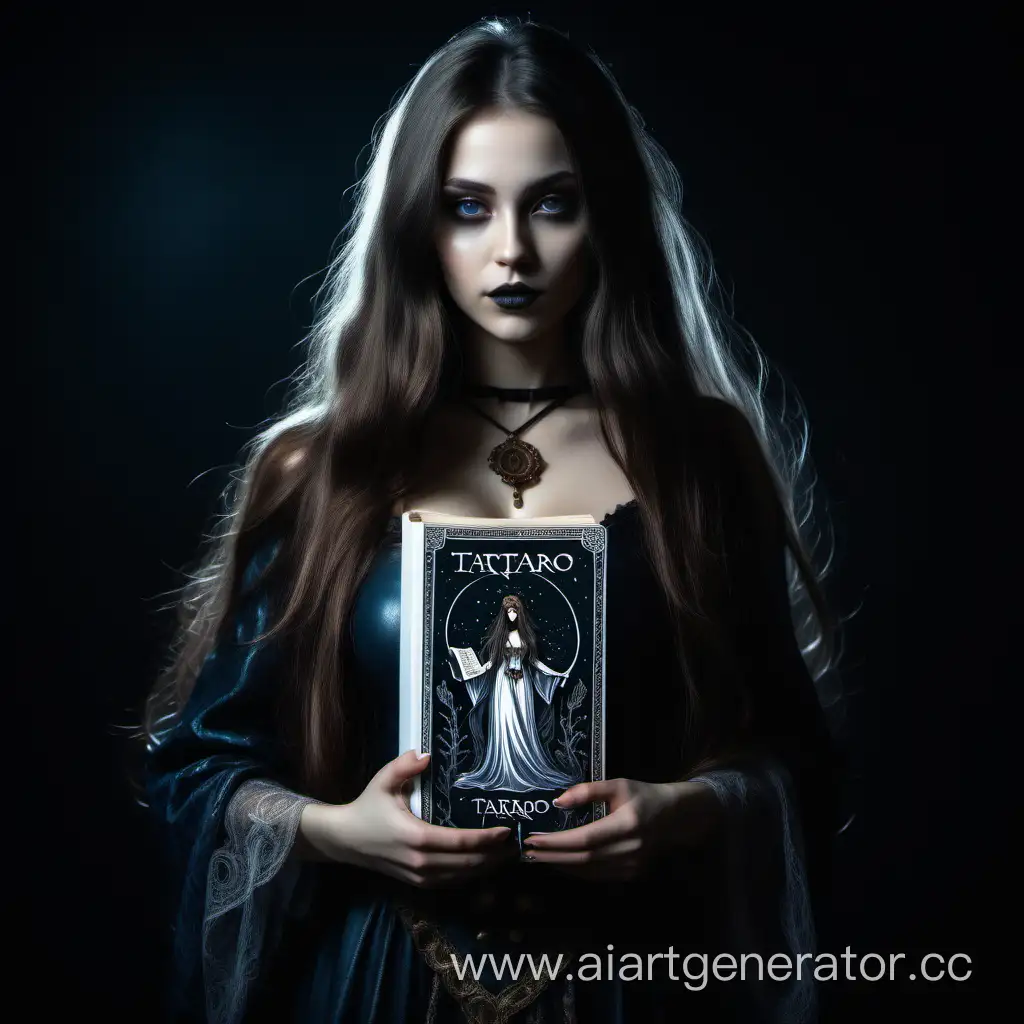 A tarot girl in dark fantasy style, long hair, mysterious attire, the inscription tartaro on the book, holding the book in her hands, dark background