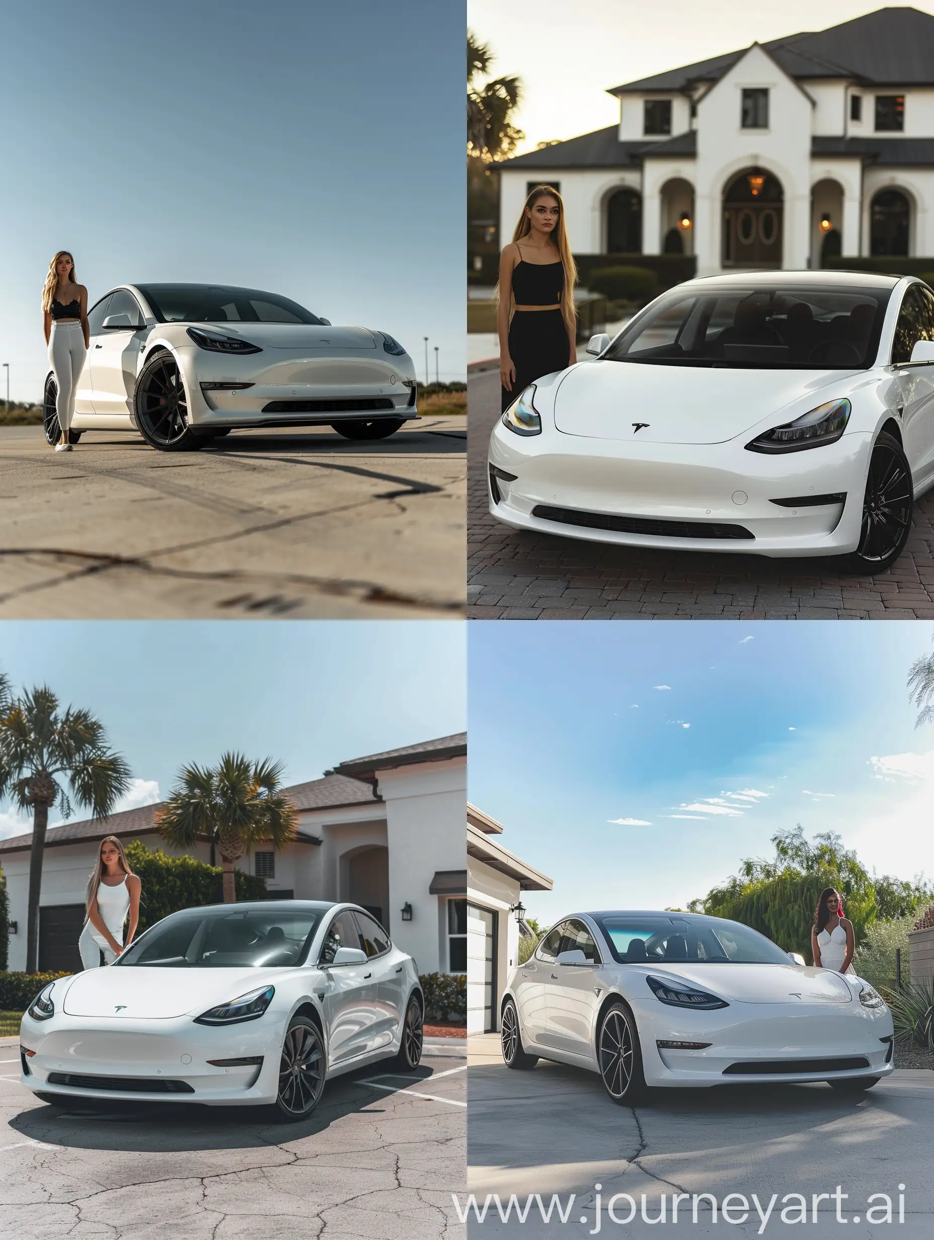 Prompt: "Capture the Elegance: Showcasing My White 2023 Tesla Model 3"

Description: You've just acquired your dream car, a sleek white 2023 Tesla Model 3, and it's time to capture its allure in stunning photographs. With its modern design and cutting-edge features, your Tesla exudes sophistication and style. Now, it's time to capture its essence in a series of captivating photos, perfect for sharing on Instagram. Let your creativity flow as you compose each shot to highlight the beauty and allure of your stunning new ride. Also add a model in front of the car"