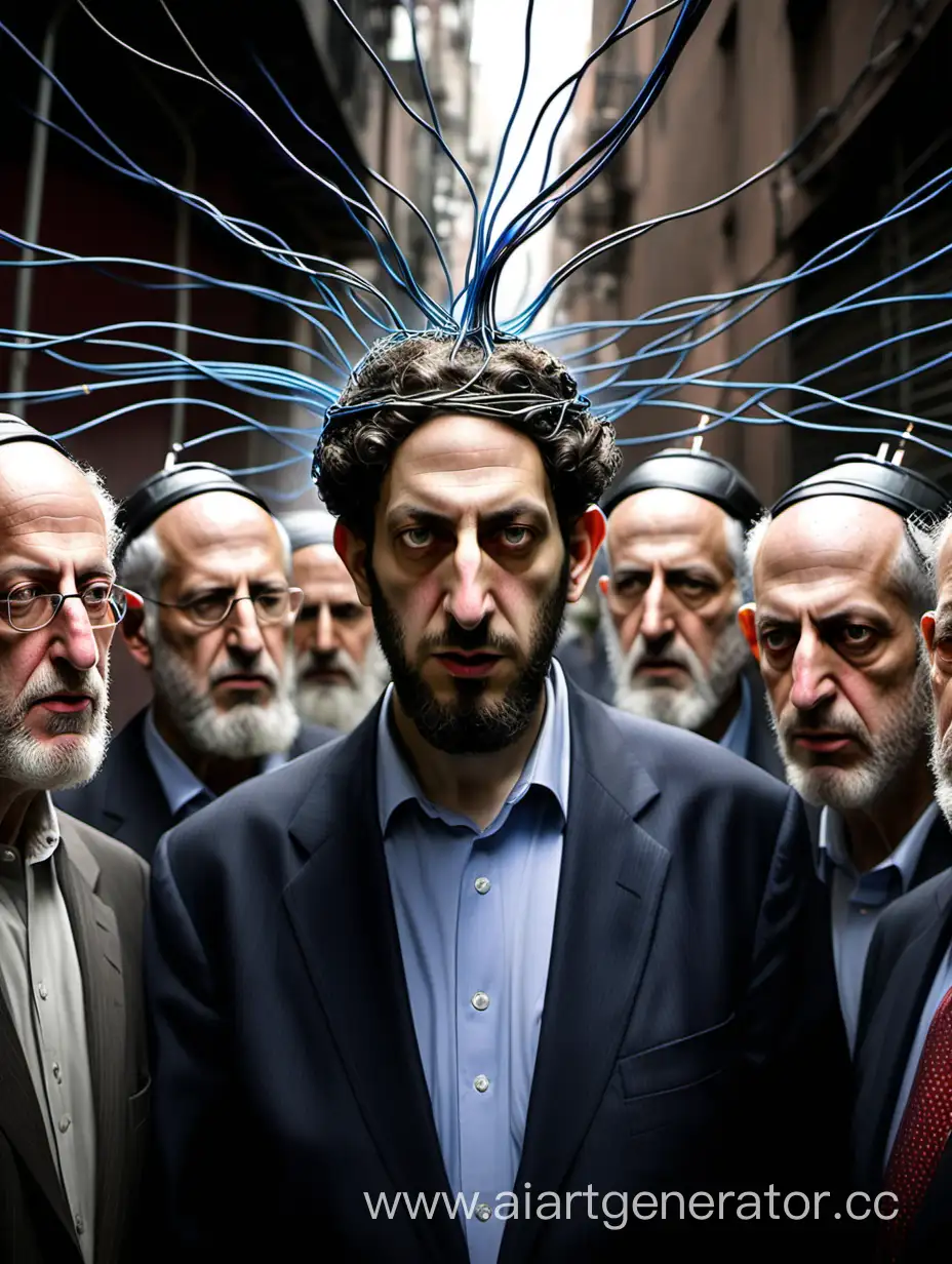 Jews, connected to a single information network, through fiber optic cables directly into their heads, are making cruel plans against all humanity, standing and listening to the Supreme Jew, with sidelocks.