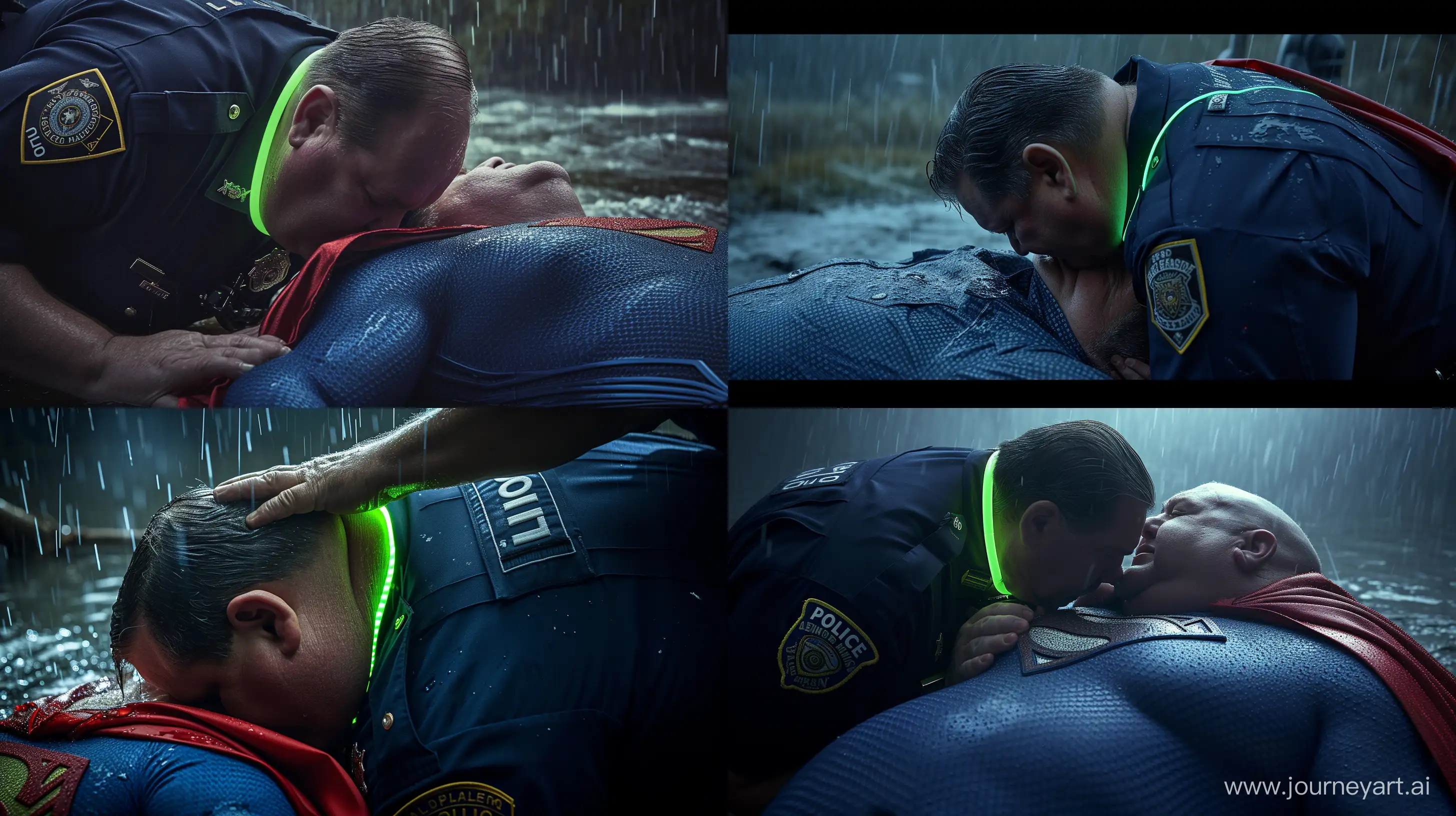 Elderly-Police-Officer-Fastens-Glowing-Green-Dog-Collar-on-Superman-Amidst-Rain-by-the-River