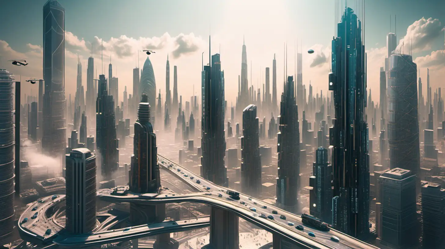 Create an awe-inspiring AI scene depicting a futuristic cityscape with skyscrapers built by robotic construction workers, portraying the intersection of technology and labor on a monumental scale
