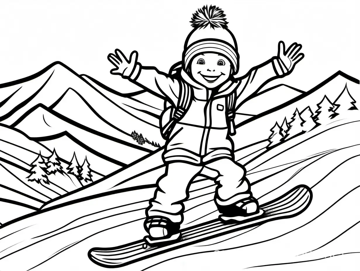Smiling child snowboarding, Coloring Page, black and white, line art, white background, Simplicity, Ample White Space. The background of the coloring page is plain white to make it easy for young children to color within the lines. The outlines of all the subjects are easy to distinguish, making it simple for kids to color without too much difficulty
