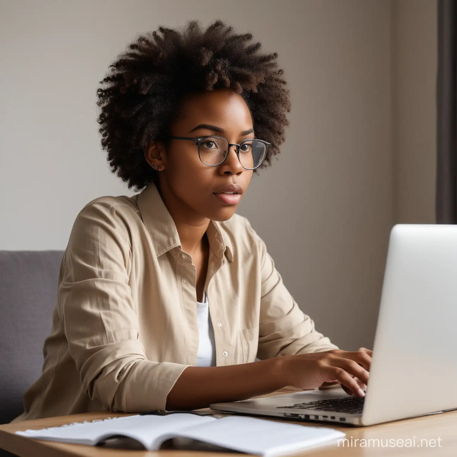 Afro américaine assise regardant l'écran son laptop, concentrée sur l'écran , avec un air stupéfait
