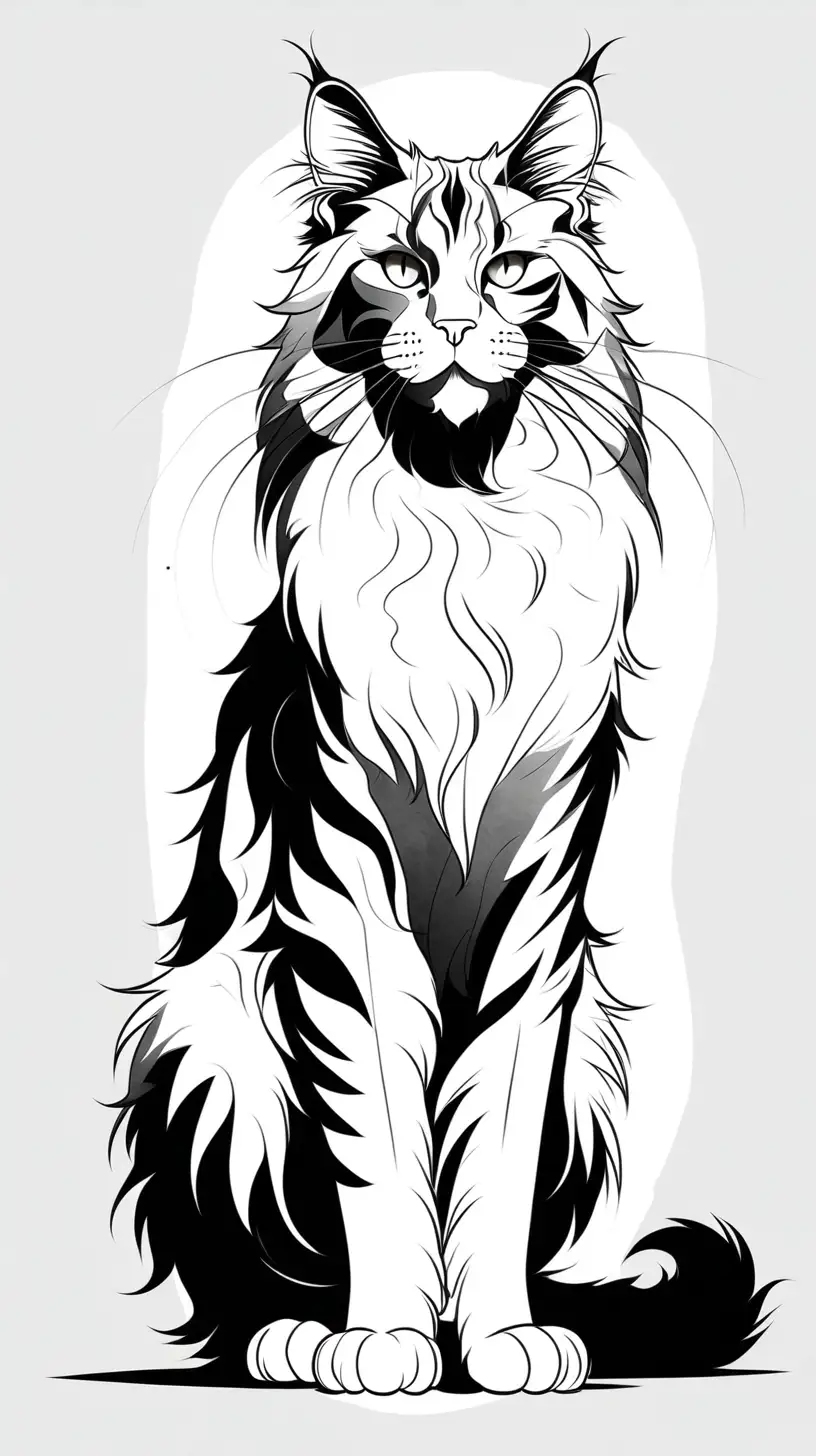 Minimalist line art, maine coon cat, full body, posed against a stark white background, thick ink outlines, Pixar-style character, graphic design, simple and clean aesthetic