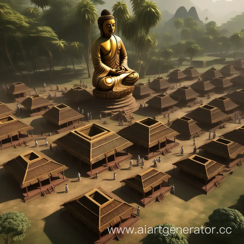 Visualize an ancient Indian village scene where Lord Buddha