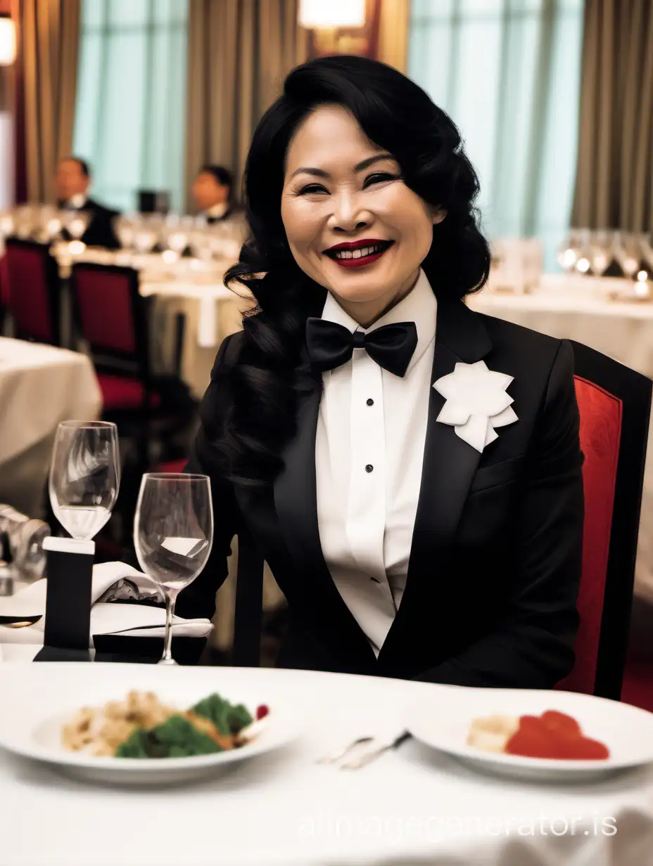 Elegant-Vietnamese-Woman-in-Black-Tuxedo-Smiling-at-Dinner-Table