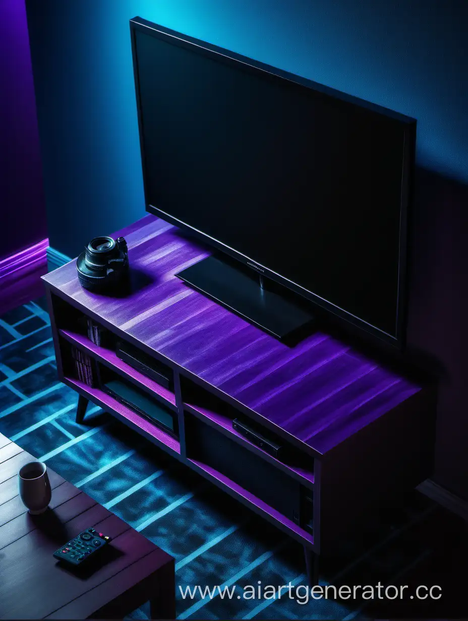 Modern-Living-Room-Setup-with-55-LED-Television-Top-View-Mockup-in-Blue-and-Purple-Tones