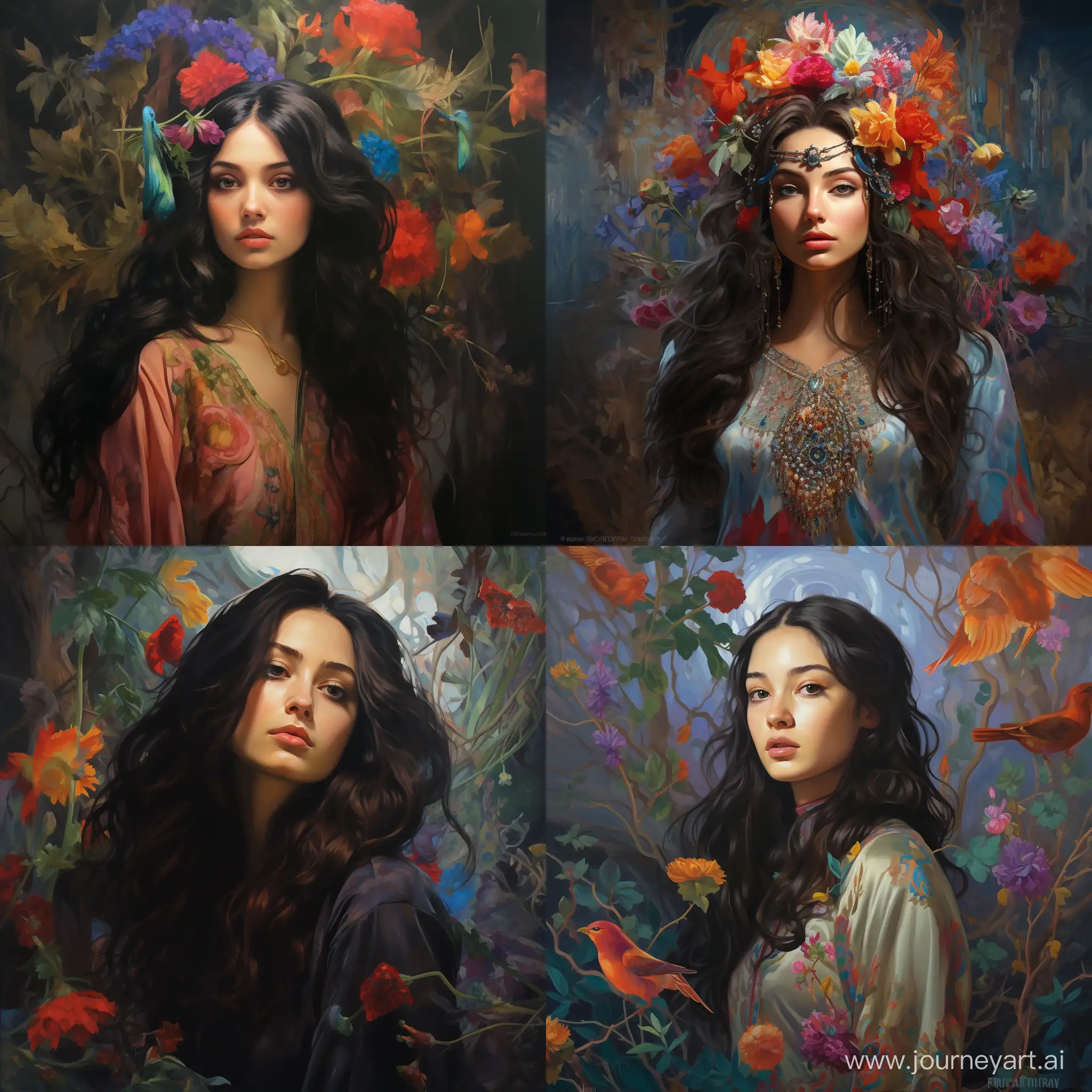 Vibrant-Surreal-Iranian-Woman-Portrait-with-Weightless-Flora-and-Fauna