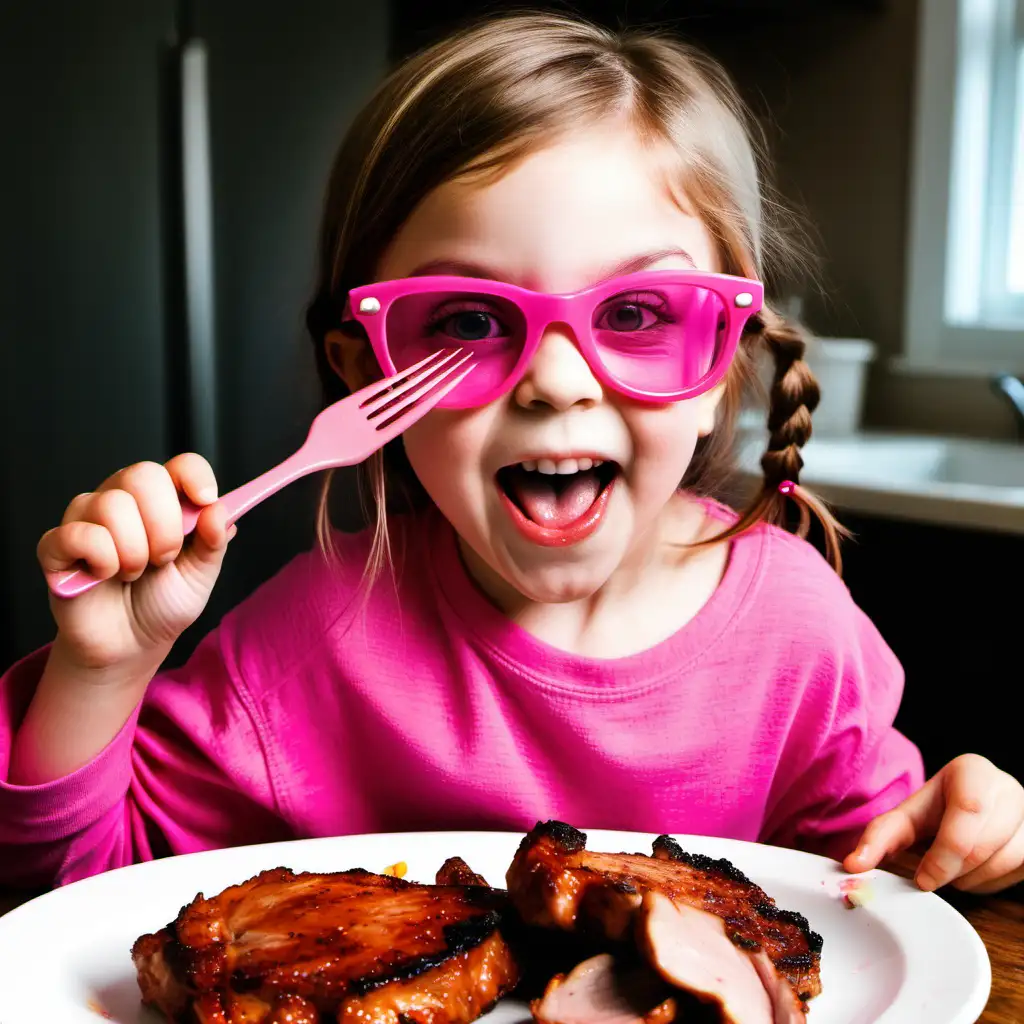 5 year old girl with pink glasses eating pork chops