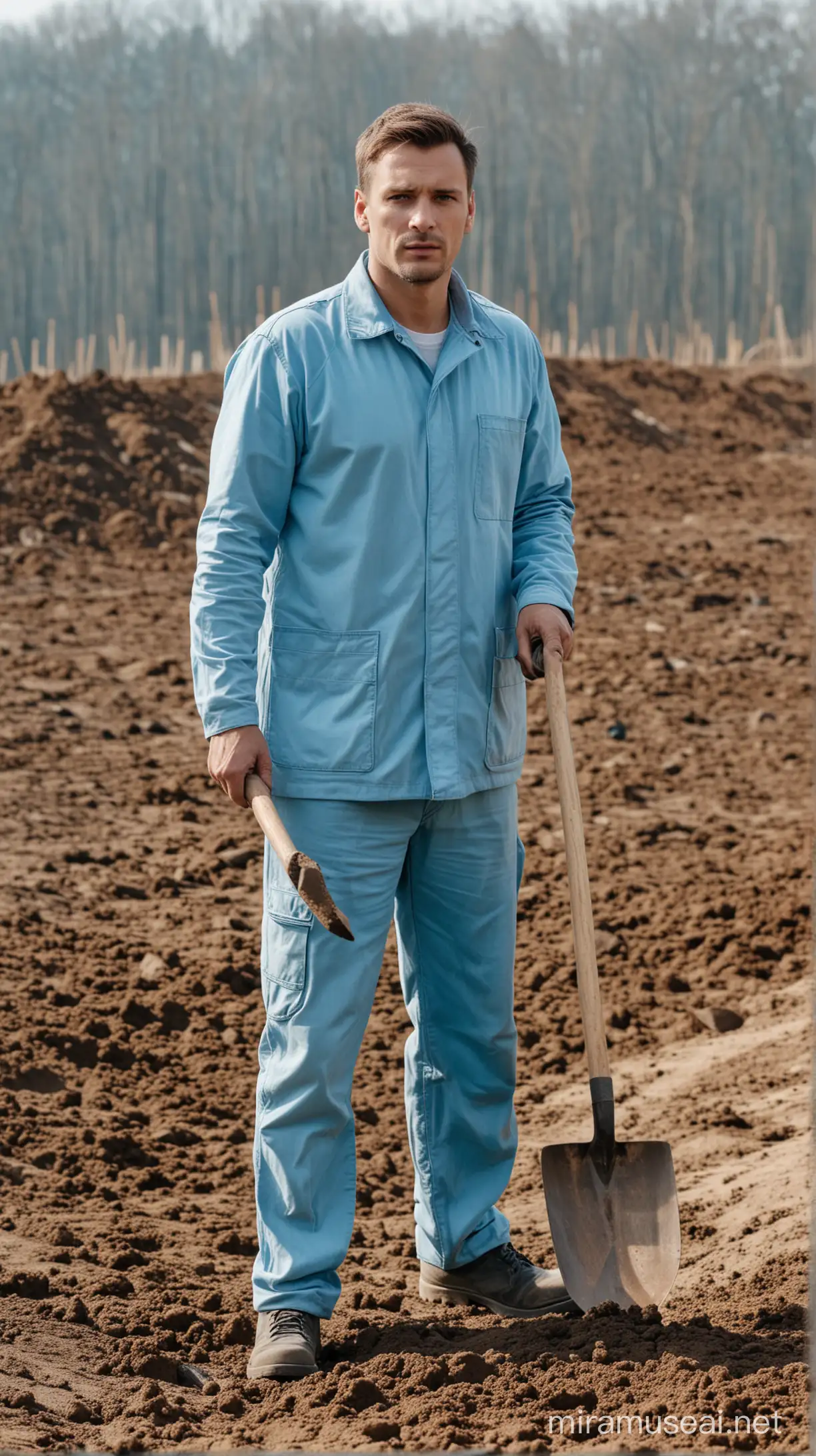 European man - foreman stands in light blue clothes, behind him workers are digging the ground with shovels