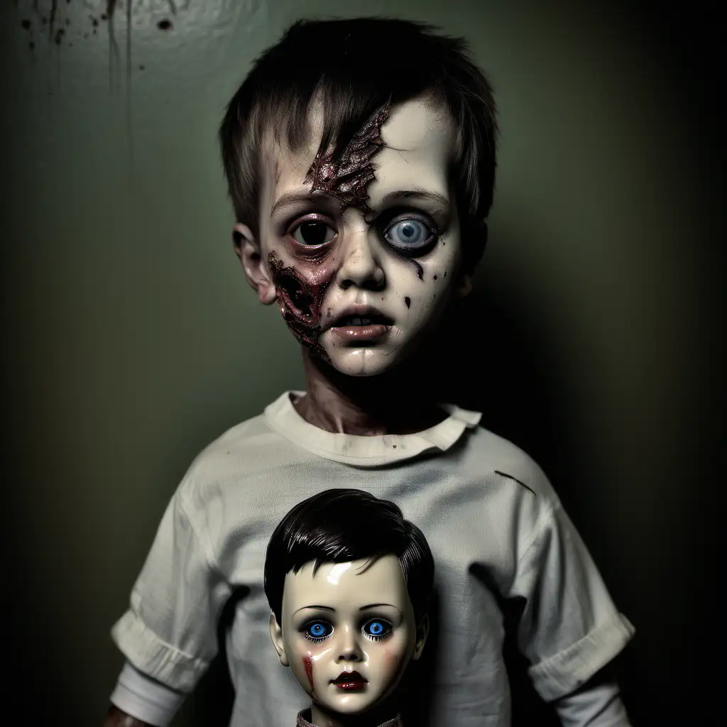 Eerie Realistic Portrait Boy Resembling Mutilated Human and Vintage Doll