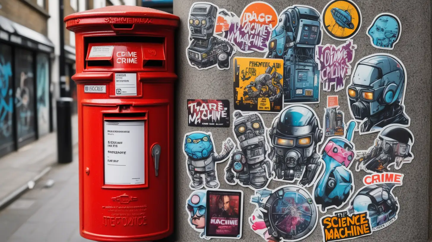 PLACE MANY DIFFERENT URBAN STICKERS AND GRAFFITTI ON A CITY POSTBOX INCLUDING A STICKER PROMOTING A SCIENCE FICTION FILM "THE CRIME MACHINE"